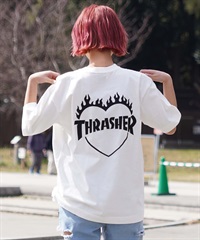 【ムラサキスポーツ限定】THRASHER スラッシャー レディース Tシャツ バーニングハートロゴ ボックスシルエット THML-24SPZOZO01(WHT-M)