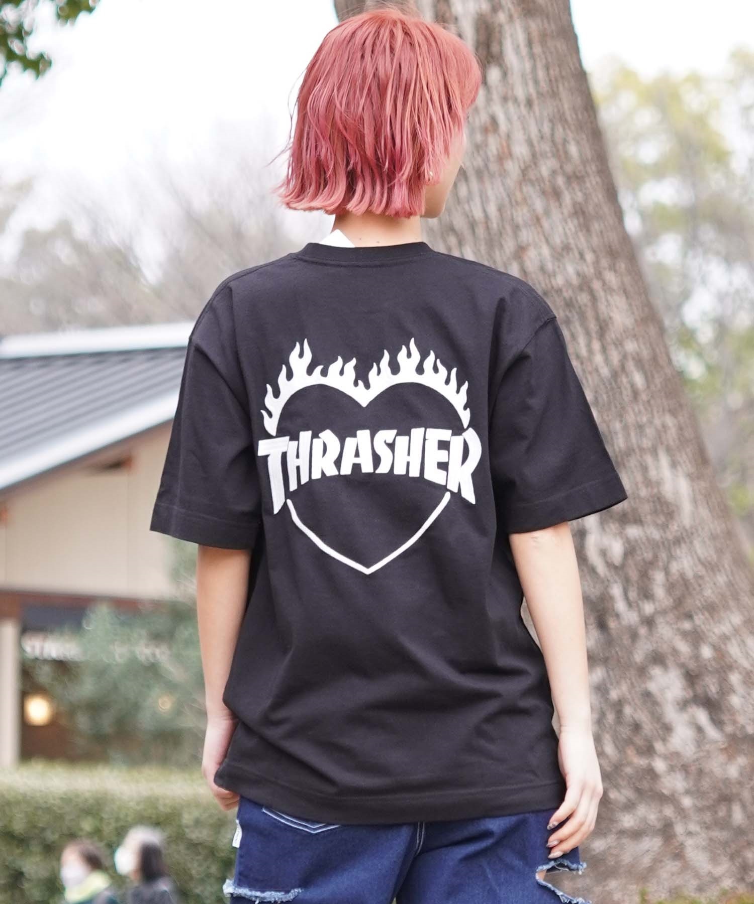 【ムラサキスポーツ限定】THRASHER スラッシャー レディース Tシャツ バーニングハートロゴ ボックスシルエット THML-24SPZOZO01(BLK-M)