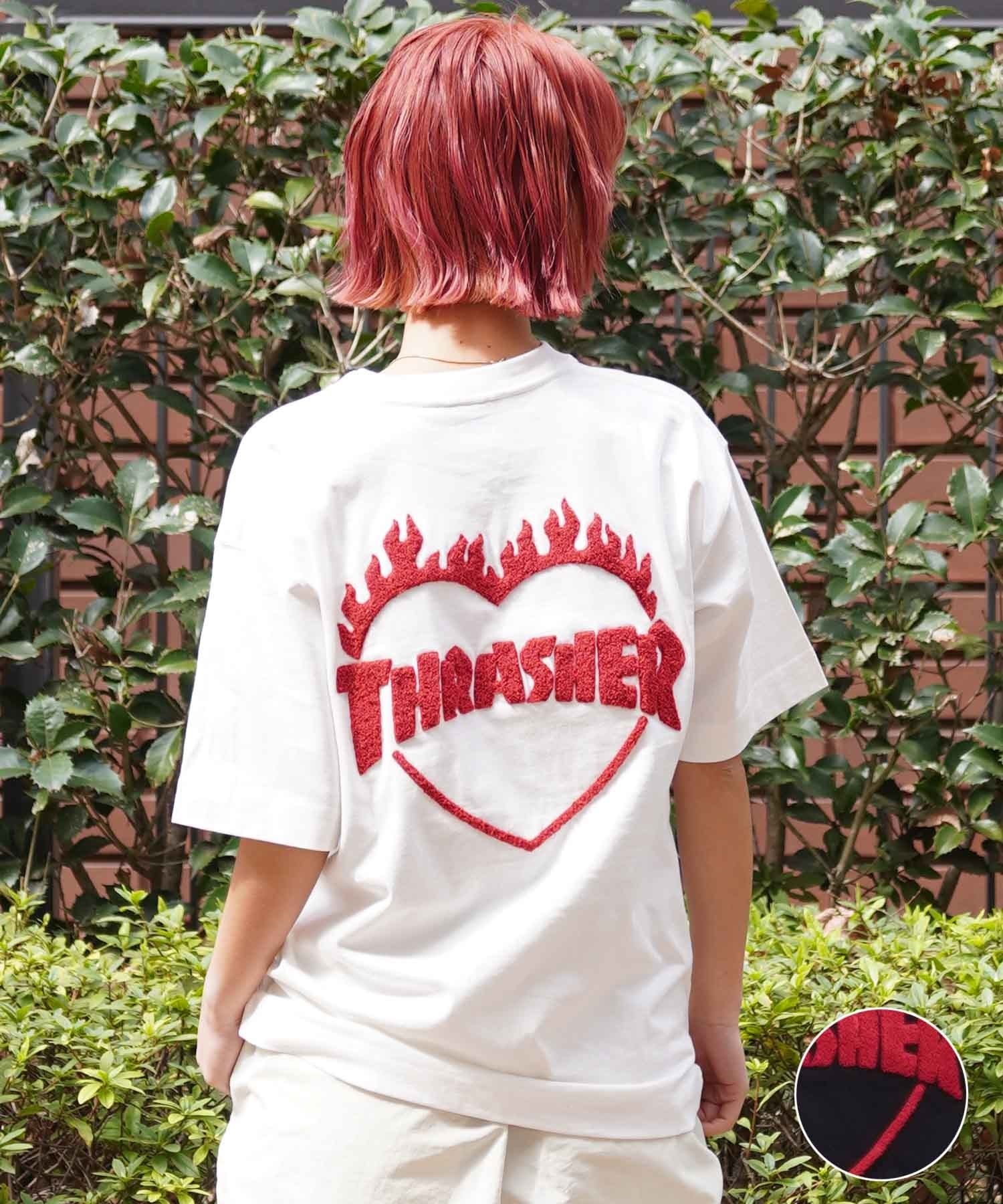 【ムラサキスポーツ限定】THRASHER スラッシャー レディース Tシャツ バーニングハートロゴ ボックスシルエット THML-24SPSST03(WHT-M)