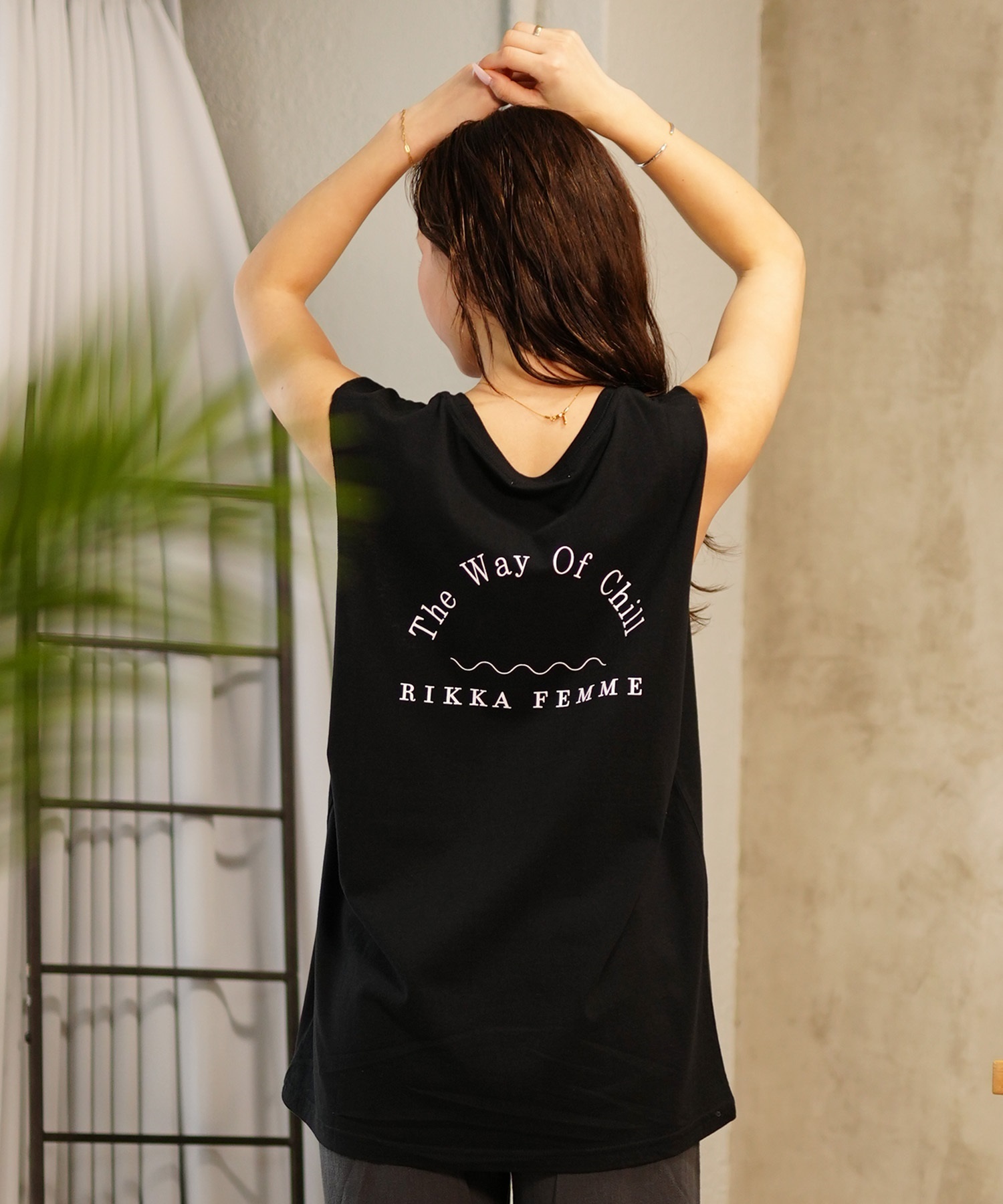 RIKKA FEMME リッカファム レディース ノースリーブ Tシャツ 袖なし トップス カットソー RF24SS23(BLK-FREE)