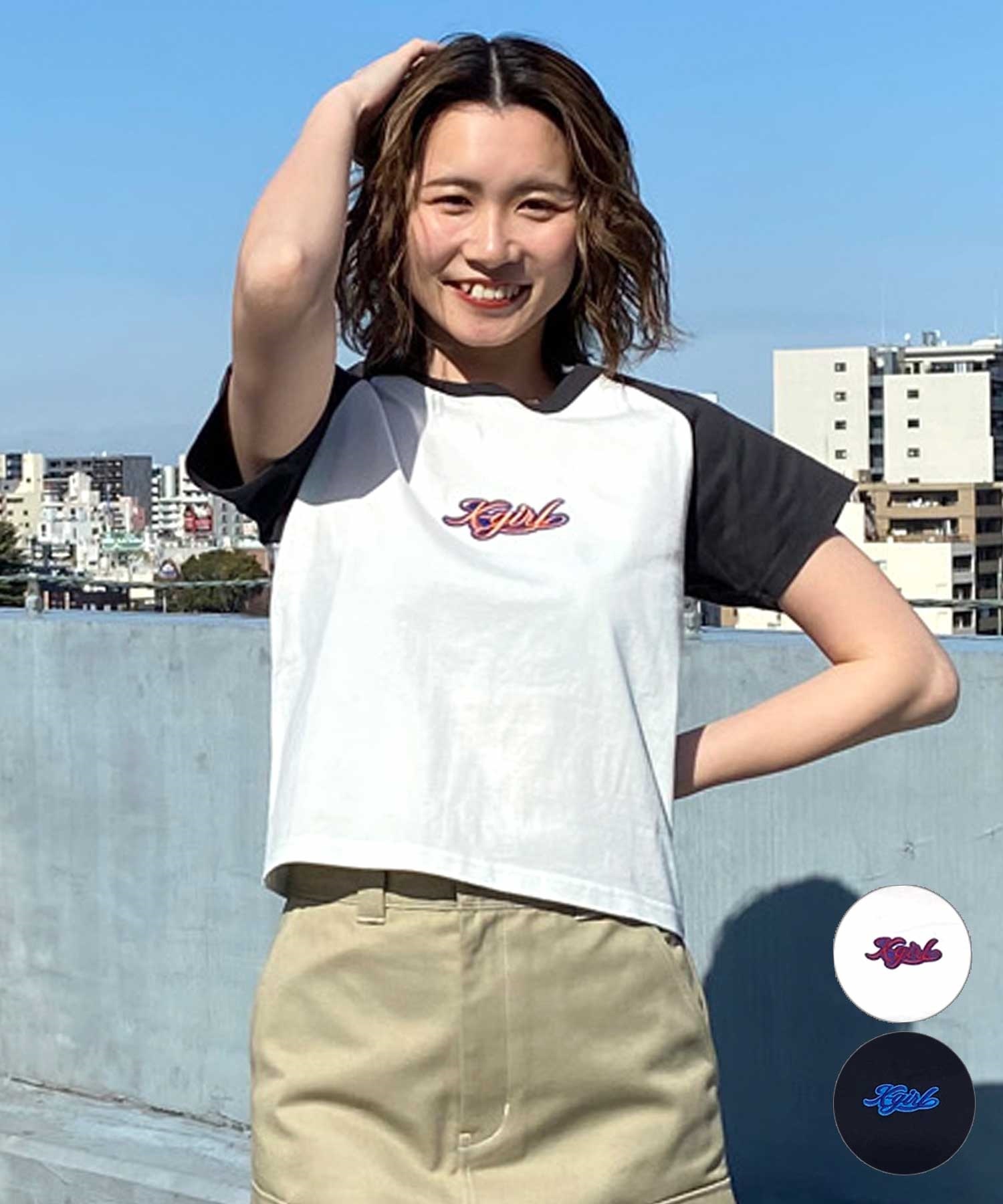 X-girl/エックスガール EMBROIDERYLOGO RAGLAN BABY TEE 105242011039 レディース  Tシャツ ムラサキスポーツ限定(WHITE-S)