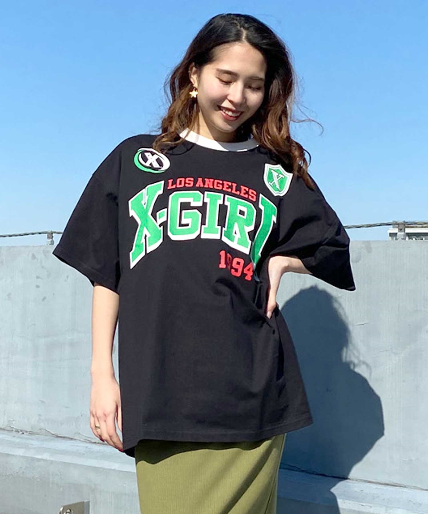 X-girl/エックスガール GAME SHIRT SS BIG TEE 105242011040 レディース  Tシャツ ムラサキスポーツ限定(BLACK-S)