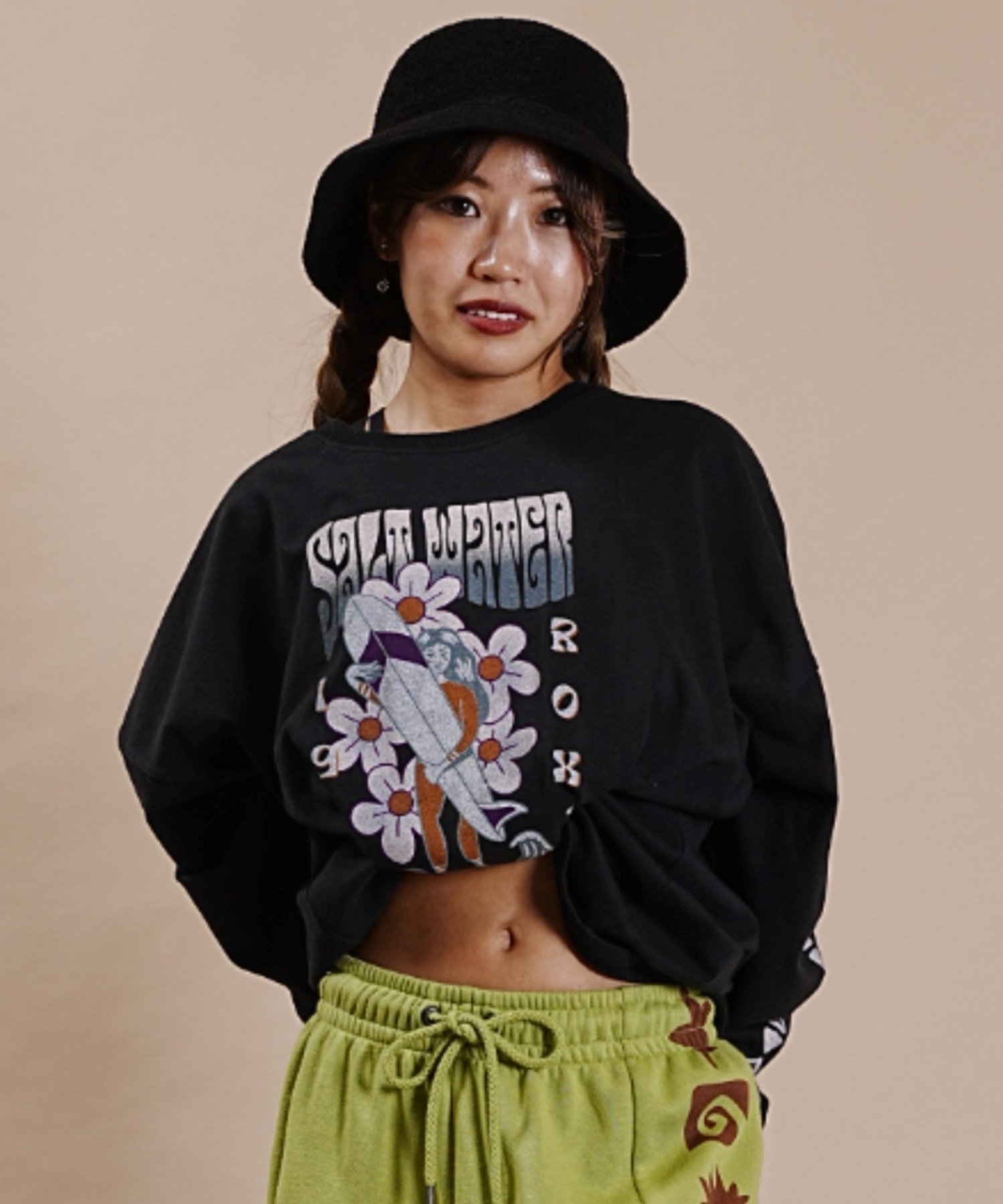 ROXY/ロキシー レディース 長袖 Tシャツ ロンT  スリーブロゴ オーバーサイズ RLT234636M ムラサキスポーツ限定(BBK-M)