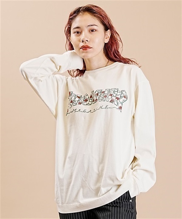 THRASHER/スラッシャー 長袖 Tシャツ ロンT ローズ柄ロゴ かすれプリント ビッグシルエット ピグメント染め ムラサキスポーツ限定 THT-03