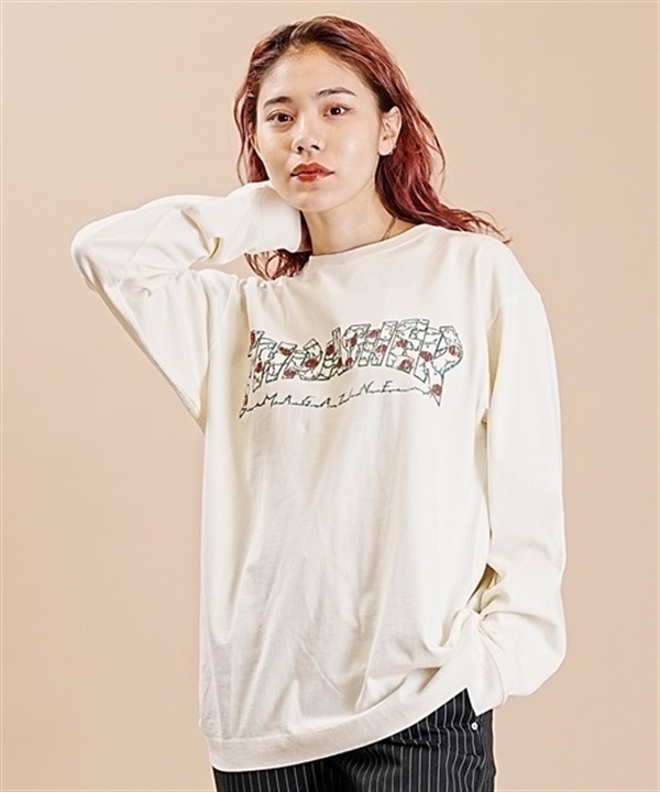 【マトメガイ対象】THRASHER/スラッシャー 長袖 Tシャツ ロンT ローズ柄ロゴ かすれプリント ビッグシルエット ピグメント染め ムラサキスポーツ限定 THT-03