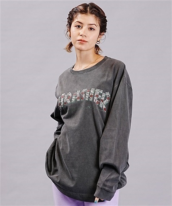 【マトメガイ対象】THRASHER/スラッシャー 長袖 Tシャツ ロンT ローズ柄ロゴ かすれプリント ビッグシルエット ピグメント染め ムラサキスポーツ限定 THT-03