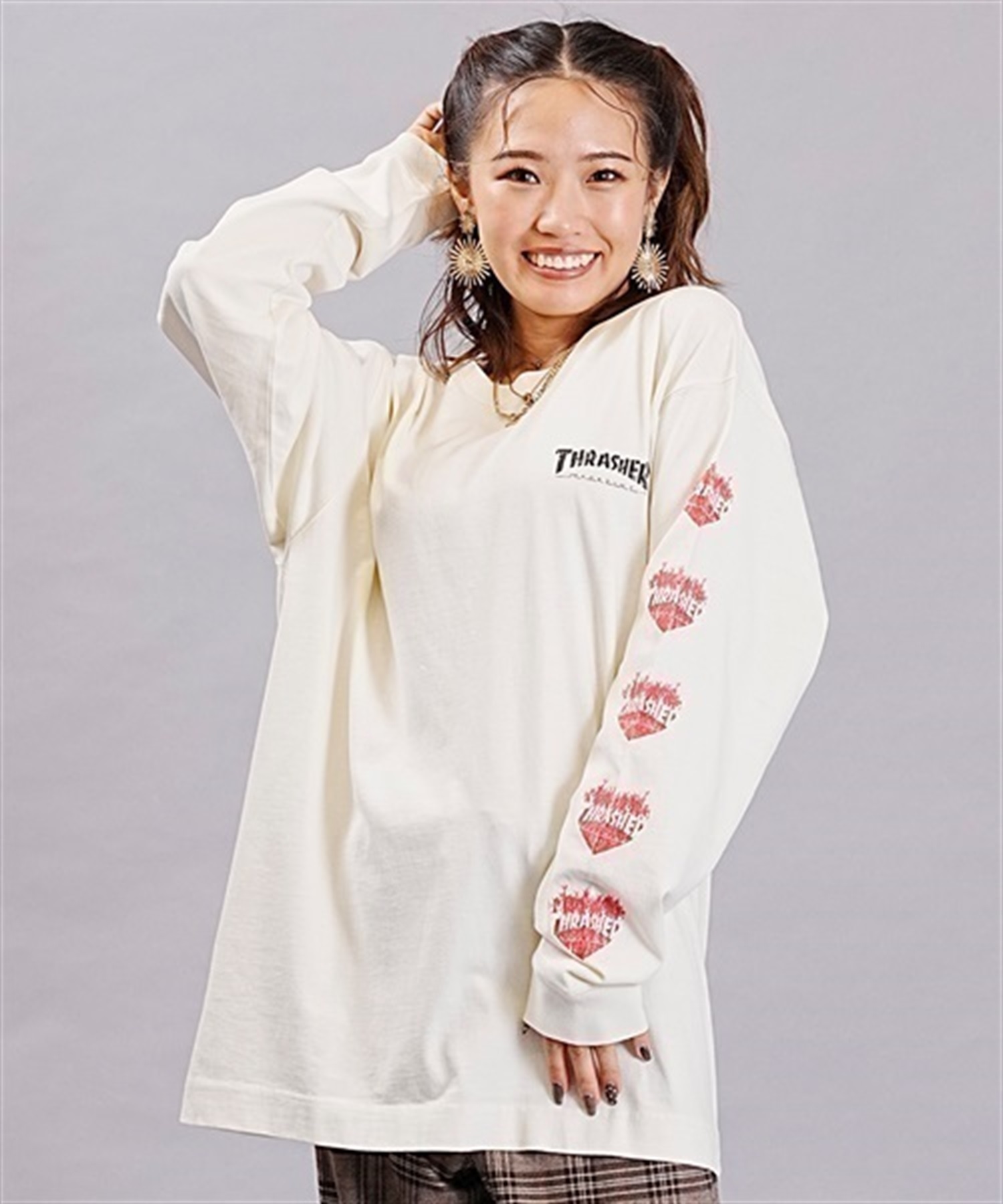 THRASHER/スラッシャー 長袖 Tシャツ ロンT ピグメント染め ハート柄 オーバーサイズ ムラサキスポーツ限定 THT-04(IVO-M)