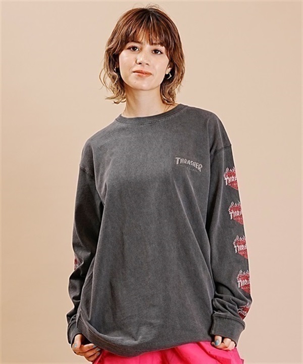 【マトメガイ対象】THRASHER/スラッシャー 長袖 Tシャツ ロンT ピグメント染め ハート柄 オーバーサイズ ムラサキスポーツ限定 THT-04