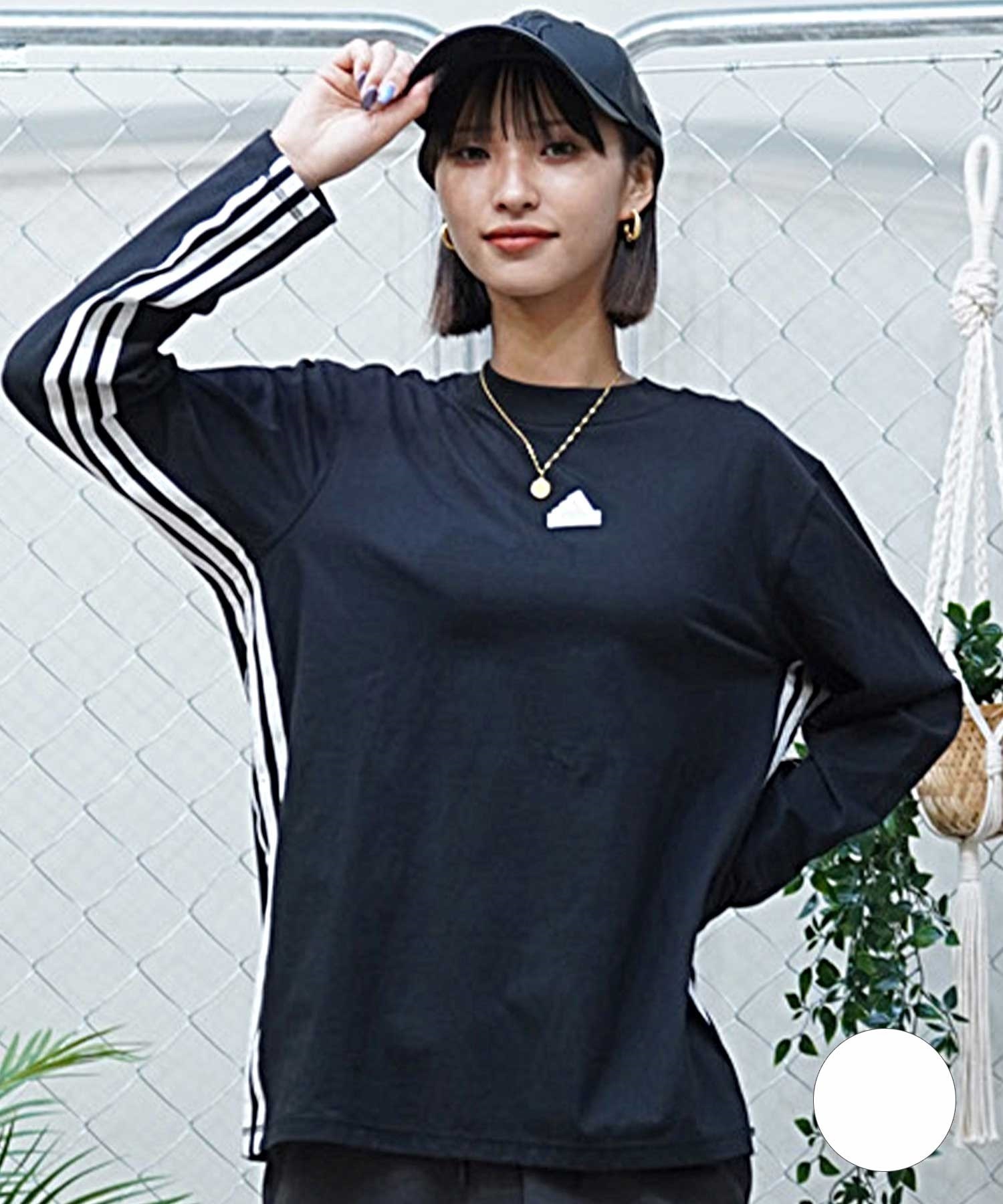 adidas アディダス KNR53 レディース ロンT 長袖 Ｔシャツ オーバーサイズ ワンポイント 抗菌加工(WT/SV-M)