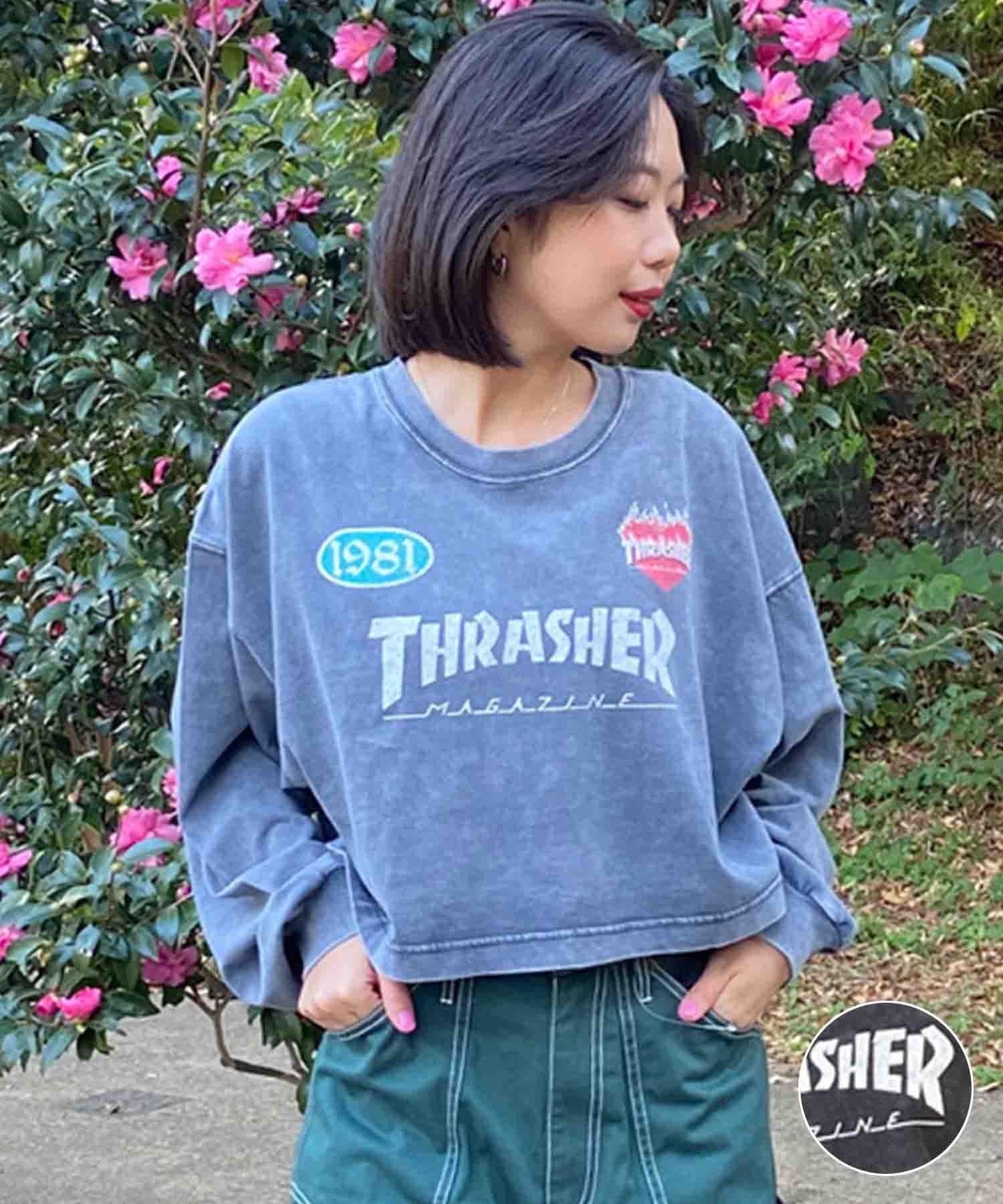 【ムラサキスポーツ限定】THRASHER スラッシャー レディース ロンT 長袖Tシャツ パウダーブリーチ加工 ショート丈 THML-24ASLS01(BLK-FREE)