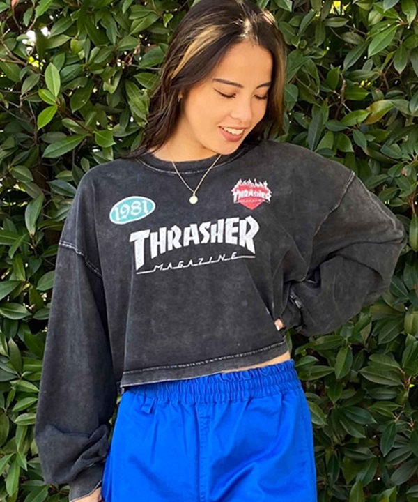 【マトメガイ対象】【ムラサキスポーツ限定】THRASHER スラッシャー レディース ロンT 長袖Tシャツ パウダーブリーチ加工 ショート丈 THML-24ASLS01