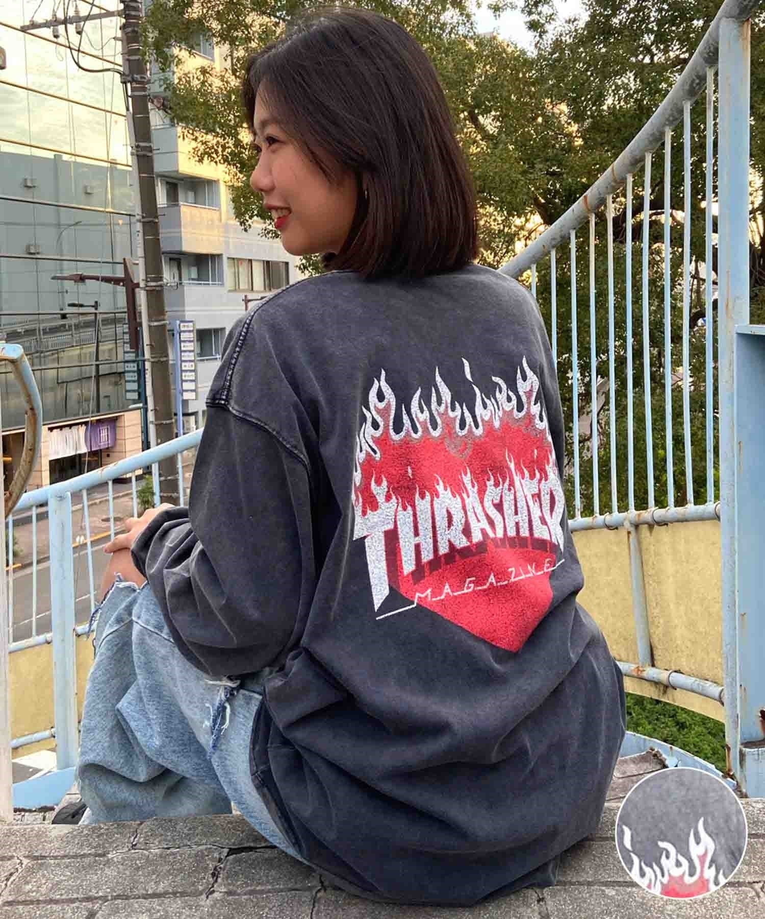 【ムラサキスポーツ限定】THRASHER スラッシャー レディース ロンT 長袖Tシャツ カスレプリント ビッグシルエット THML-24ASLS02(BLK-M)