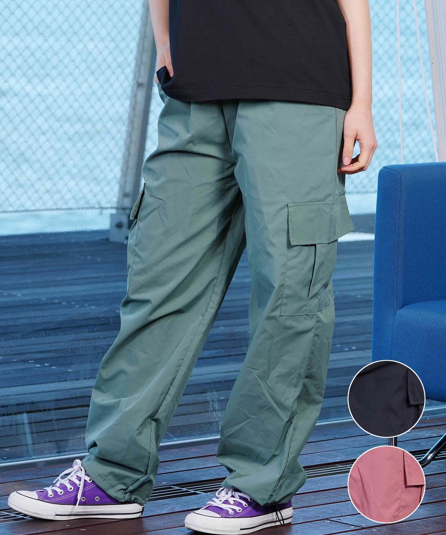 KOREA コリア レディース ナイロン カーゴパンツ ワイドルーズ