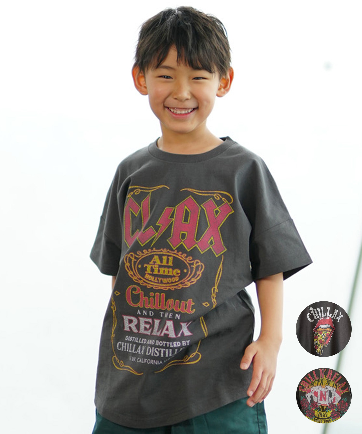 CHILLAX チラックス キッズ Tシャツ 半袖 バンド風 ピグメント加工 ヴィンテージ風 オーバーサイズ 242CL3ST192(RED-130cm)