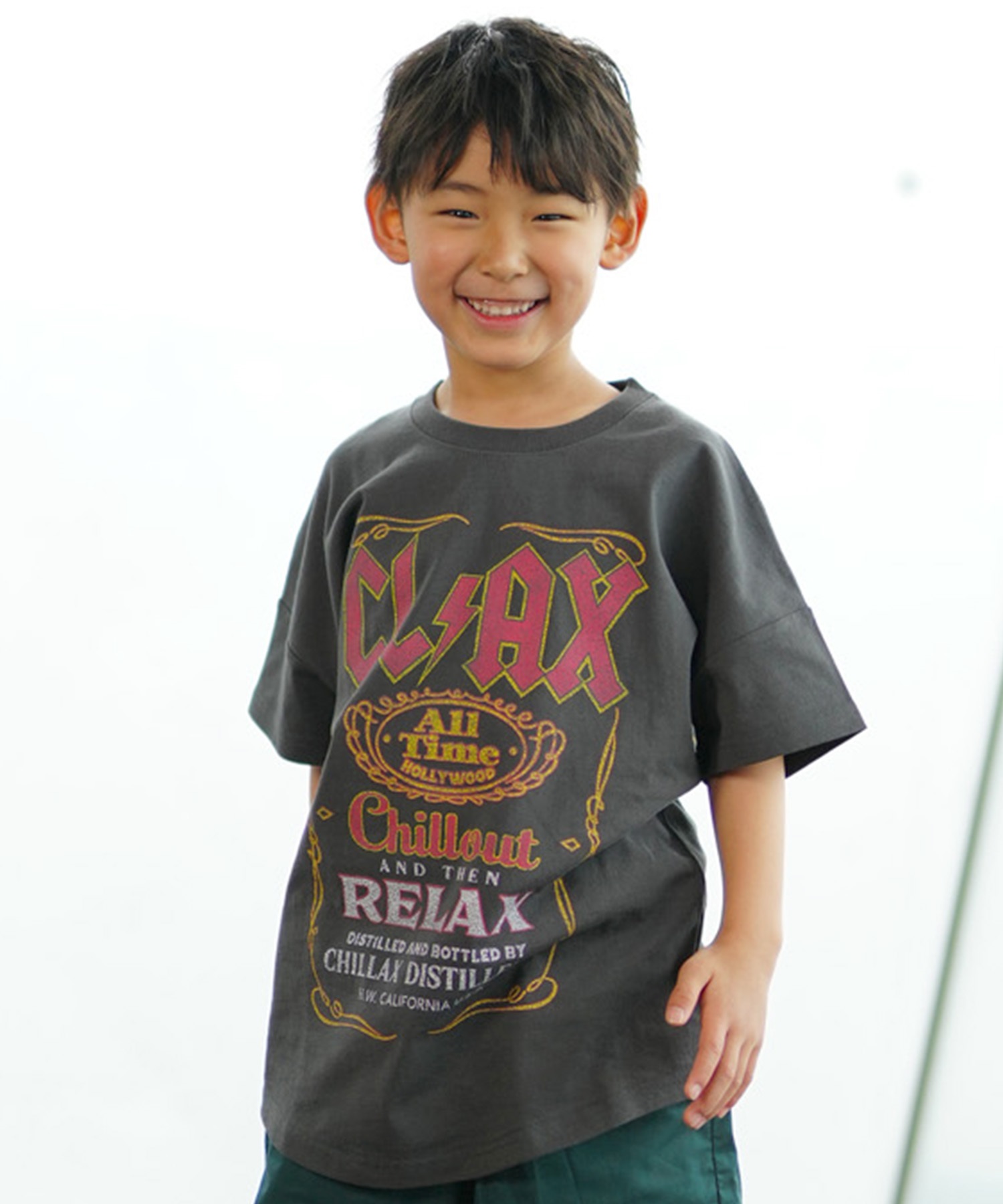 CHILLAX チラックス キッズ Tシャツ 半袖 バンド風 ピグメント加工 ヴィンテージ風 オーバーサイズ 242CL3ST192(RED-130cm)