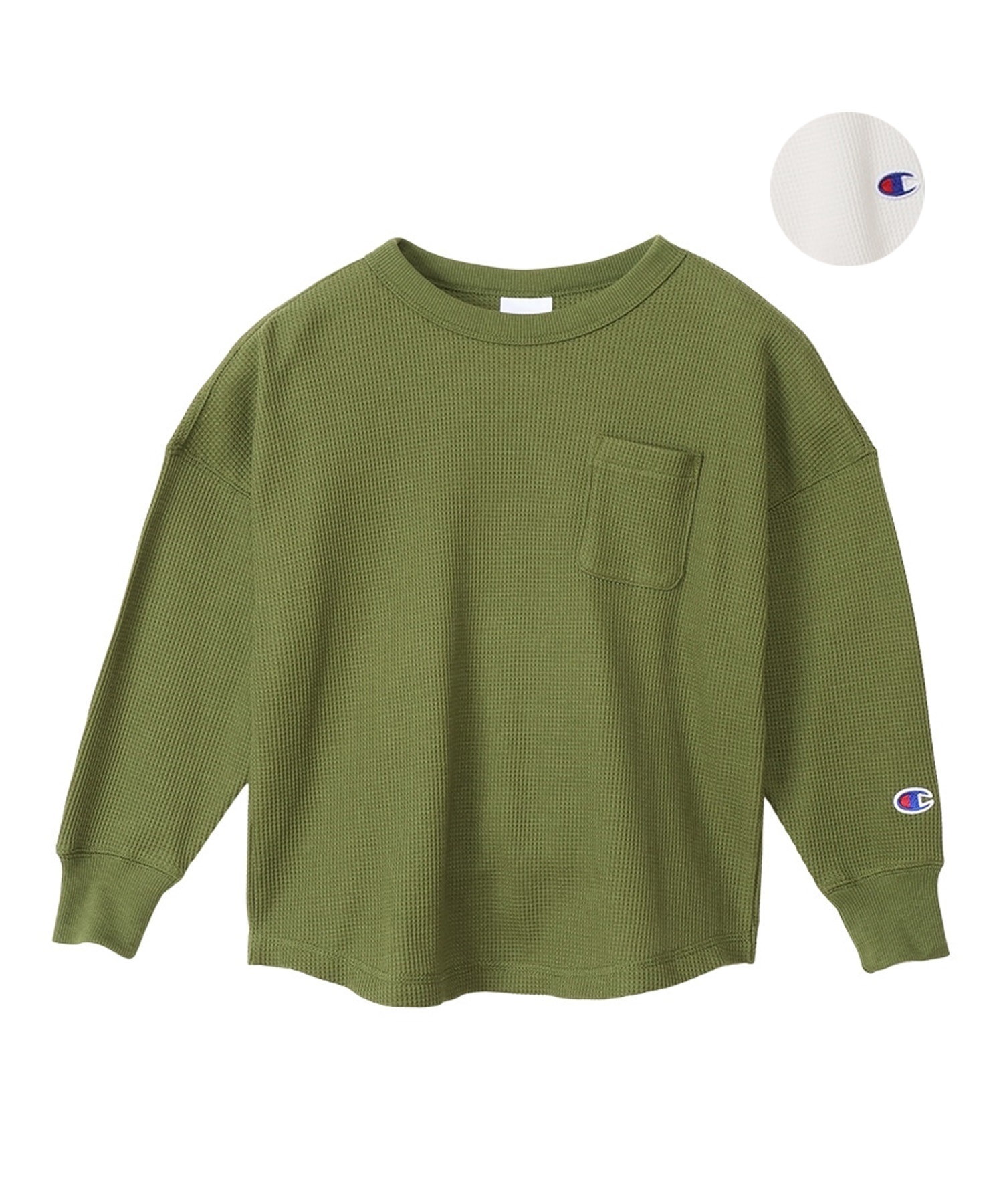 CHAMPION/チャンピオン キッズ 長袖 Tシャツ ポケット ポケT ワッフル生地 無地 CK-Y404(020-100cm)