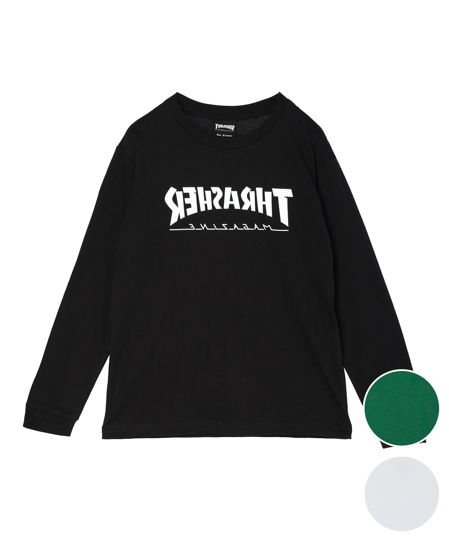 THRASHER スラッシャー LOGO MAGAZINE MIRROR LOGO 23A460-42 キッズ 長袖Tシャツ(GRN-130)