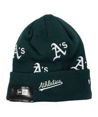 NEW ERA/ニューエラ ベーシック カフニット MLB Allover オークランド・アスレチックス グリーン ビーニー ニットキャップ 帽子 ムラサキスポーツ別注 13946734