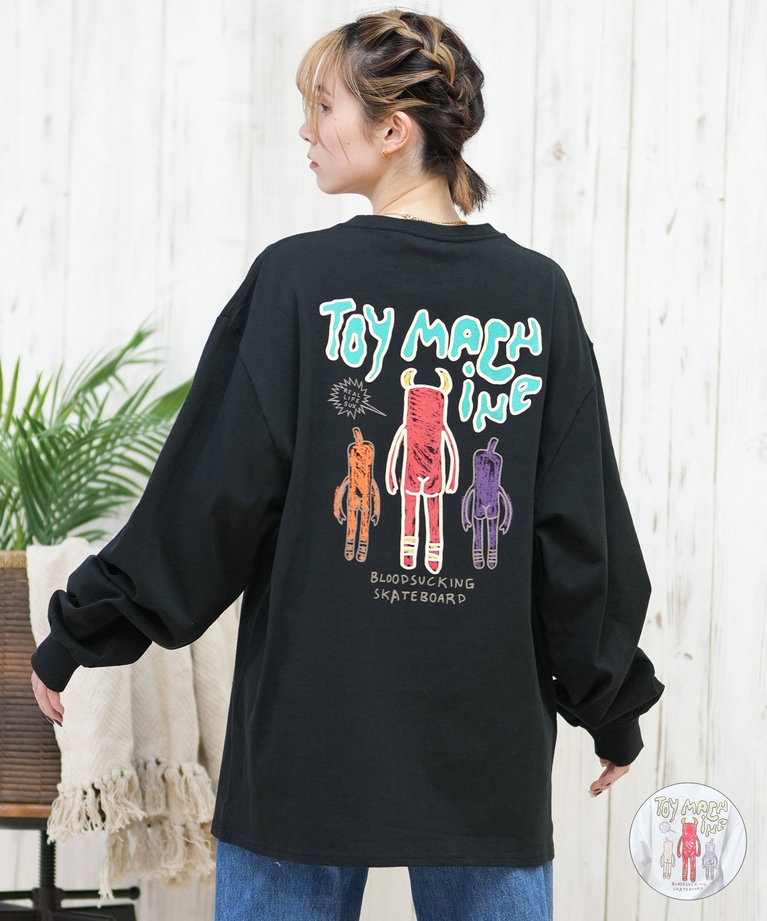 TOY MACHINE トイマシーン 長袖 Tシャツ レディース ロンT オーバーサイズ バックプリント MTMPFLT9 ムラサキスポーツ限定(WHITE-M)