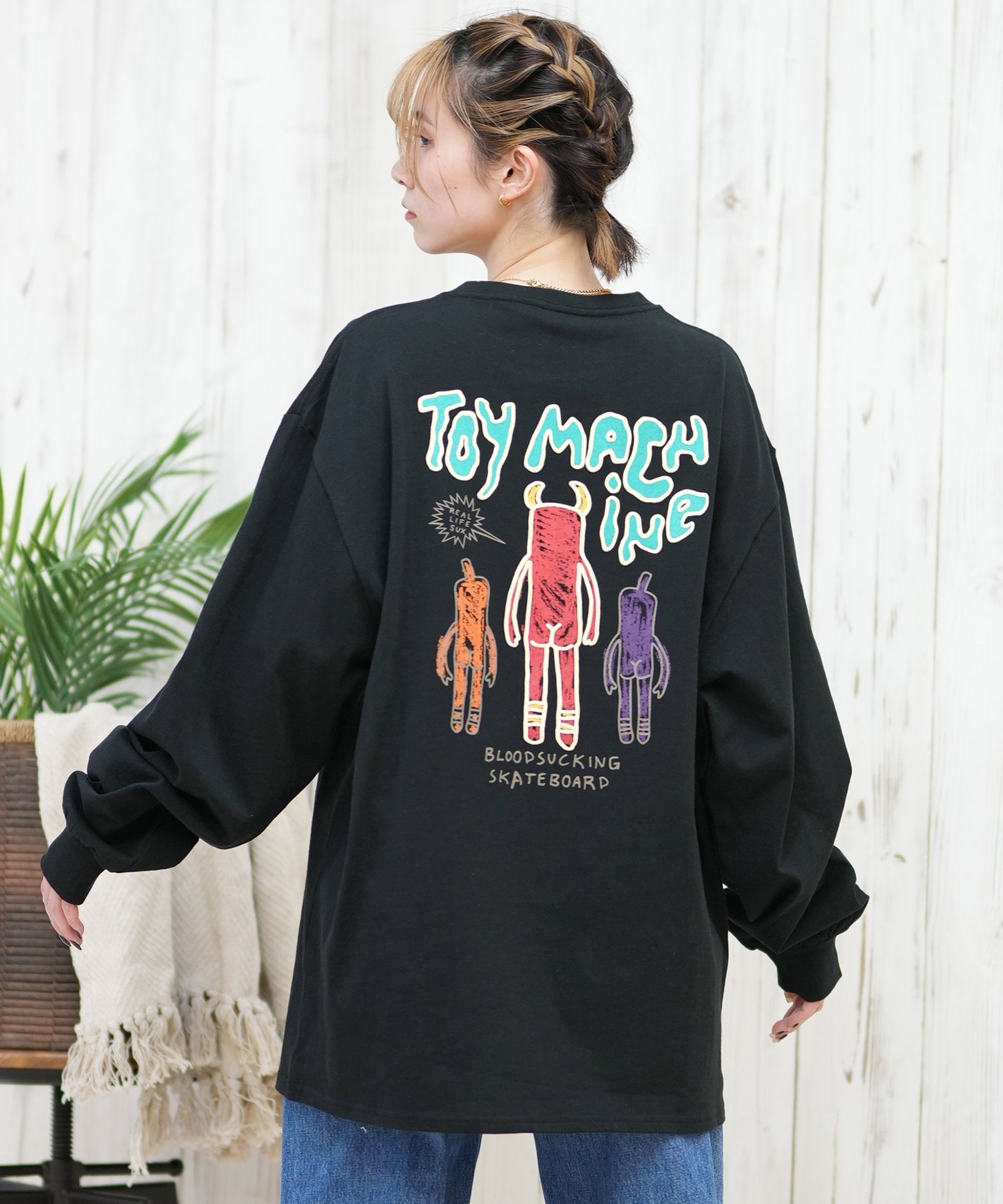 TOY MACHINE トイマシーン 長袖 Tシャツ レディース ロンT オーバーサイズ バックプリント MTMPFLT9 ムラサキスポーツ限定(BLACK-M)