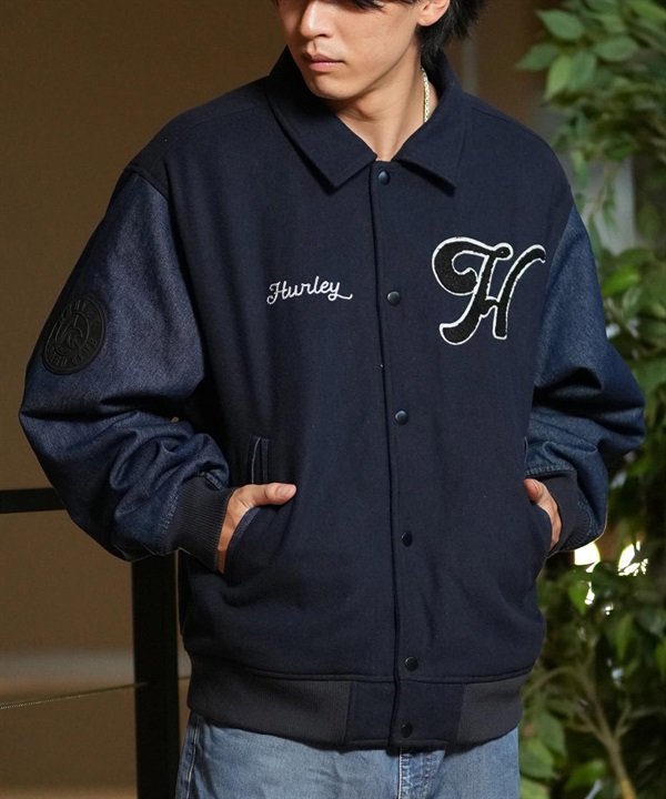 Hurley ハーレー アウター スタジャン メンズ バーシティジャケット デニム メルトン 異素材ミックス MCJK242016