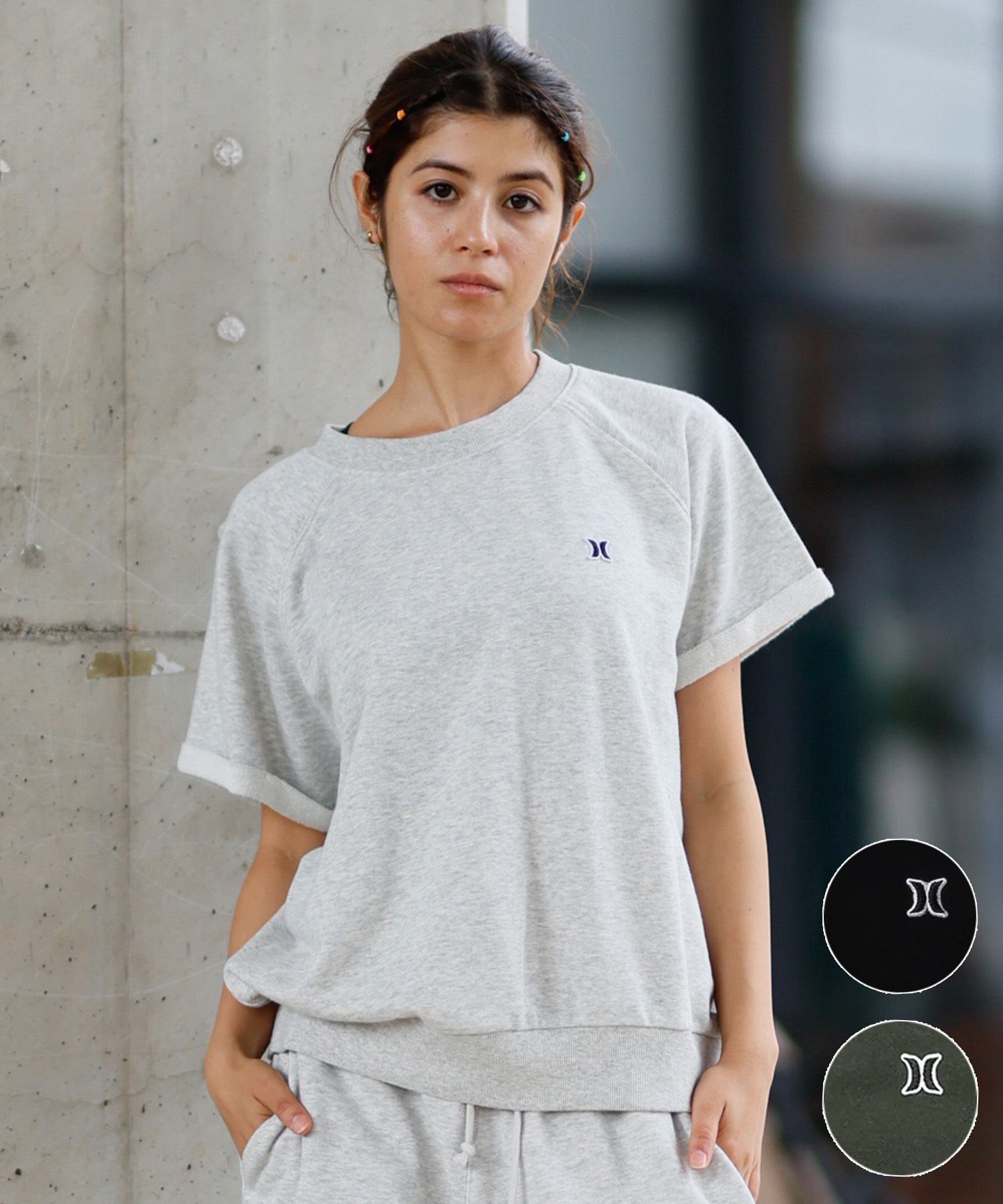 Hurley ハーレー 半袖 Tシャツ レディース スウェット生地 バックオープン ワンポイント ロゴ WSS2421016(AGHT-FREE)