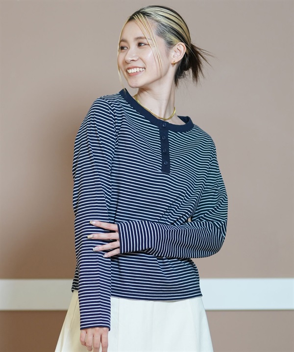 RIKKA FEMME リッカファム 長袖 Tシャツ レディース ロンT ヘンリーネック ボーダー RF24FW27