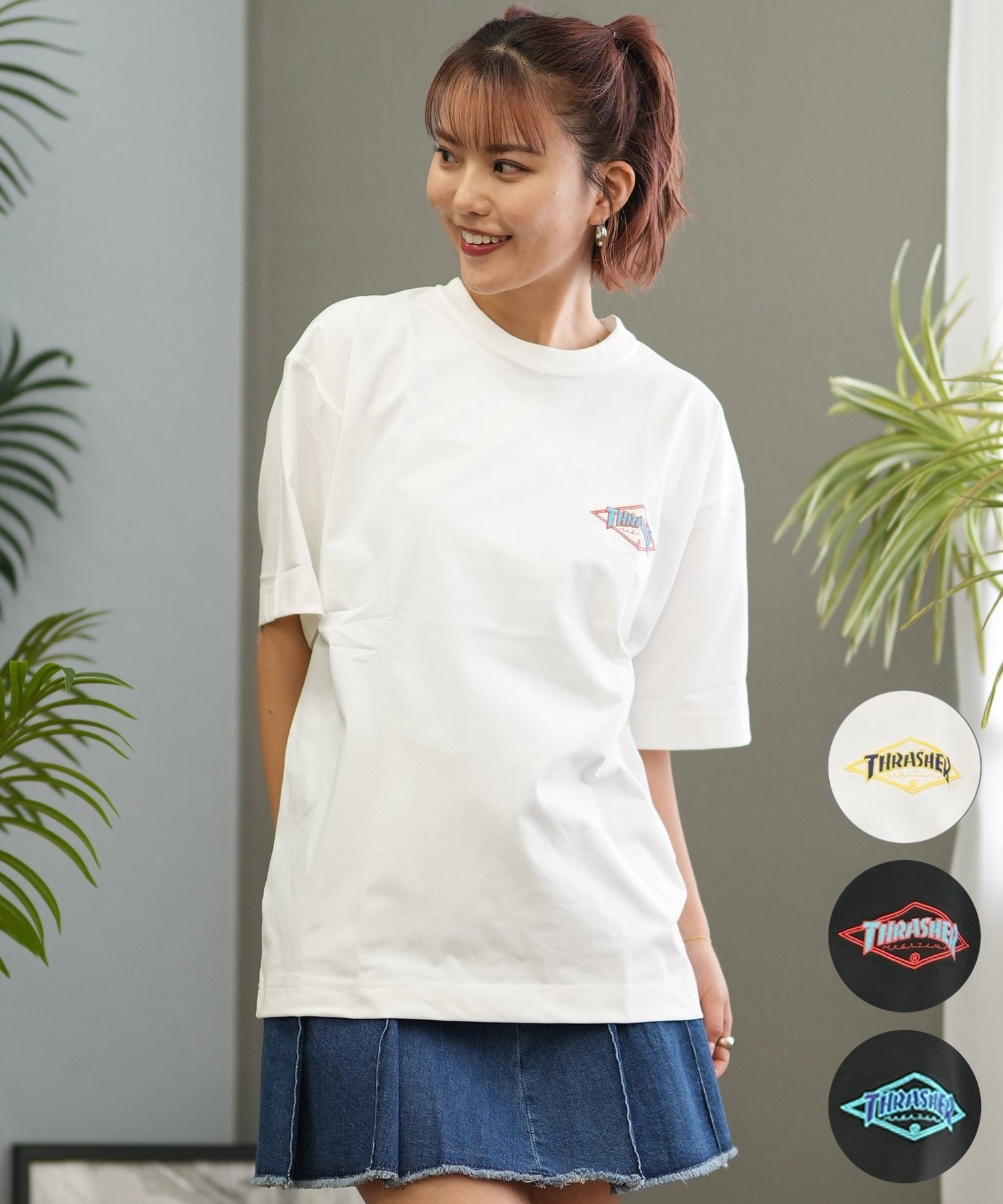 THRASHER スラッシャー ラッシュガード レディース 半袖 Tシャツ ワンポイント 水陸両用 UVカット 242TH2ST002 ムラサキスポーツ限定(BK/PL-M)