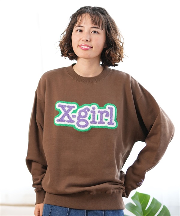 X-girl エックスガール トレーナー クルーネック レディース スウェット フロント ロゴ サガラ刺繍 裏毛 105243012026 ムラサキスポーツ限定