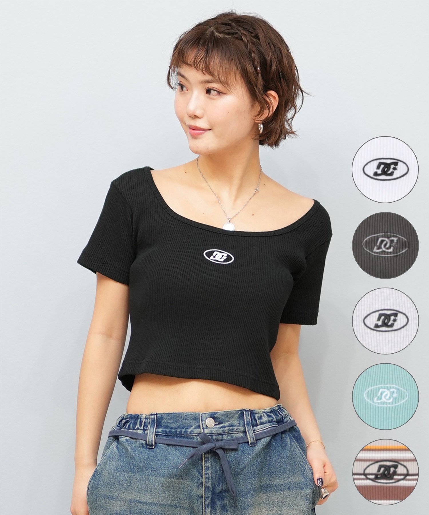 DC ディーシー 半袖 Tシャツ レディース スクエアネック クロップド丈 ショート丈 ロゴ セットアップ対応 LST252306(WHT-S)