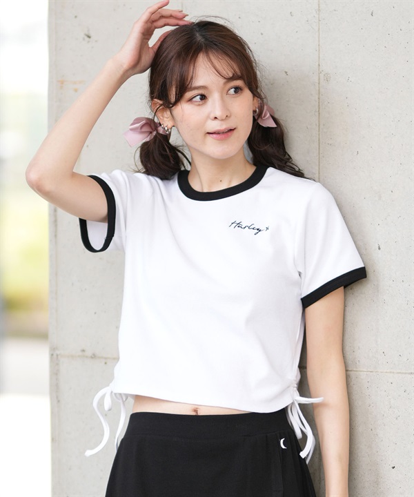 Hurley ハーレー 半袖 Tシャツ レディース クロップド丈 ショート丈 リブ リンガーシャツ サイドリボン ワンポイント ロゴ WCSS251028