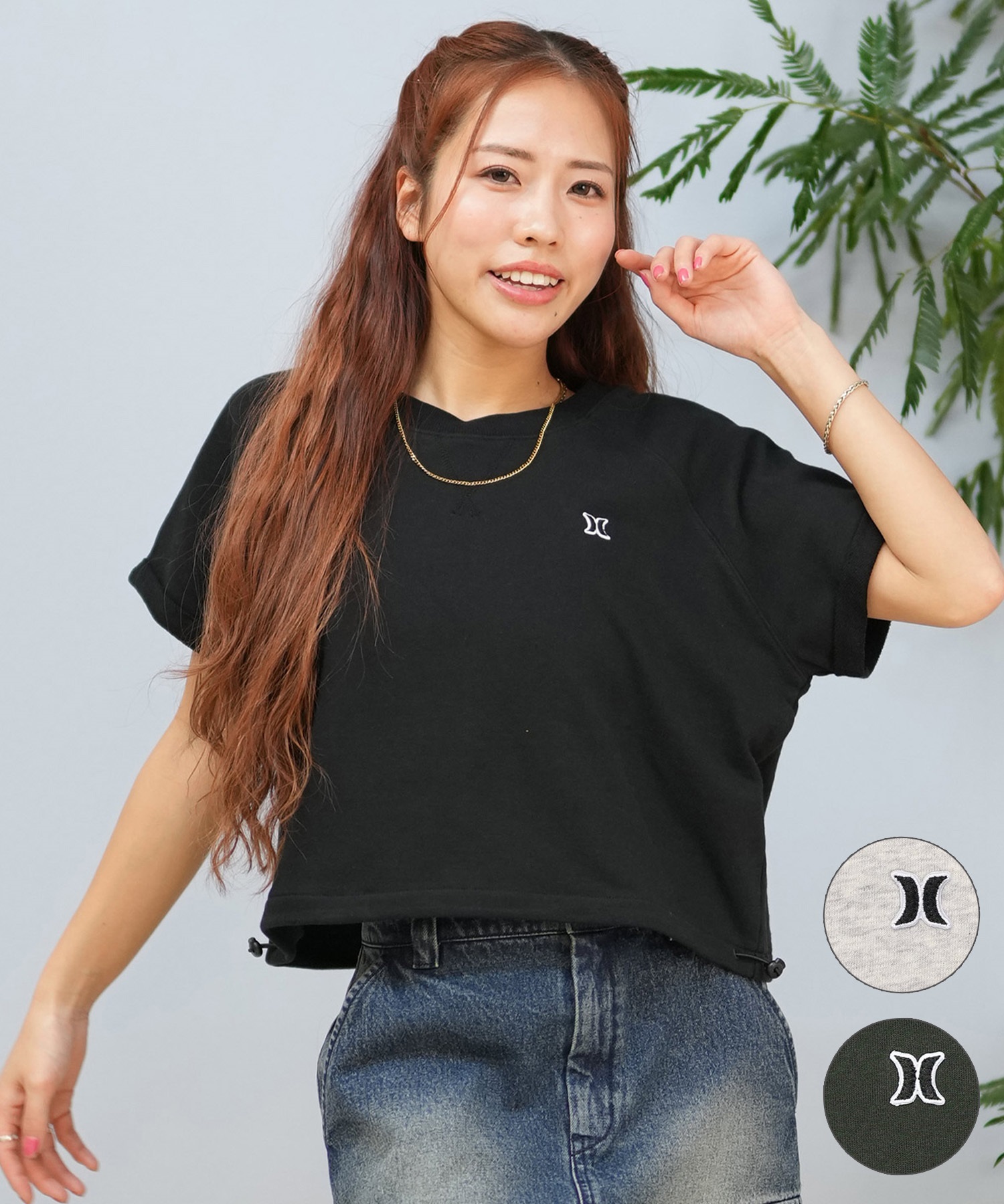 Hurley ハーレー 半袖 Tシャツ レディース クロップド丈 ショート丈 スウェット生地 ワンポイント ロゴ WCSS251056(BLK-FREE)