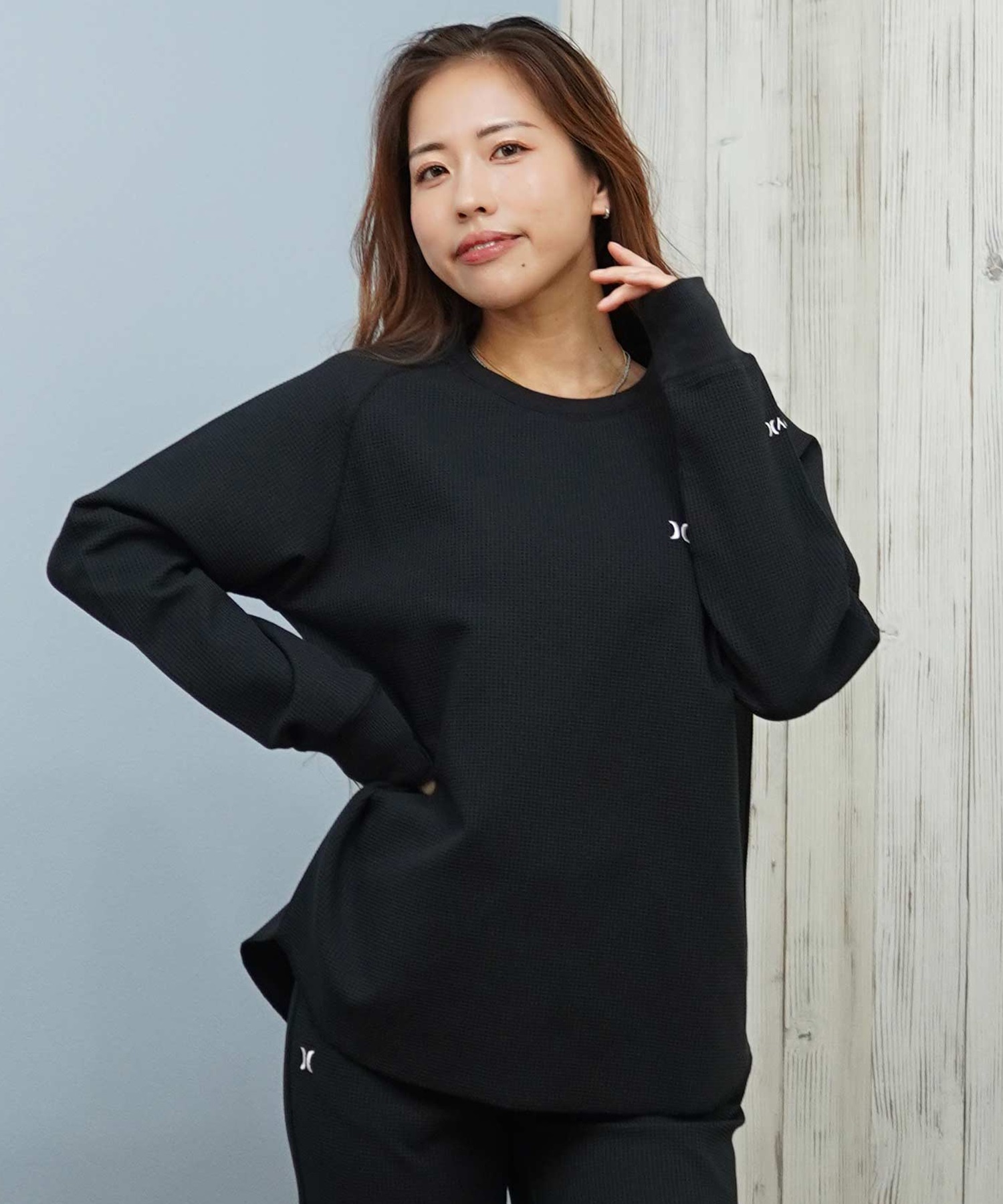 Hurley ハーレー 長袖 Tシャツ ロンT レディース サーマル ワッフル素材 ロゴ ワンポイント セットアップ対応 THERMAL LS TEE WCLS252046(BLK-M)