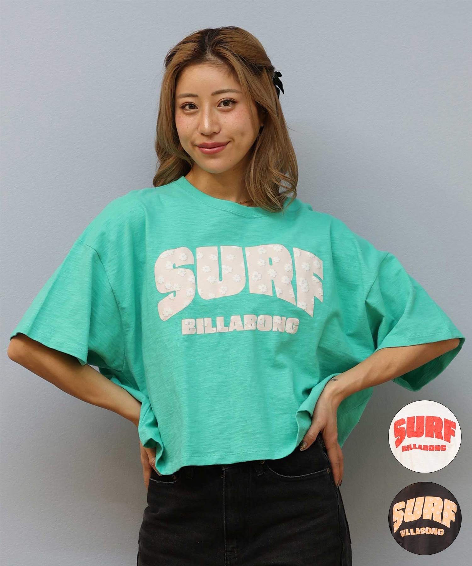 BILLABONG ビラボン 半袖 Tシャツ レディース クロップド丈 ショート丈 フロントプリント SURF WIDE LOOSE CROPPED TEE BF01C-204(WHT-M)