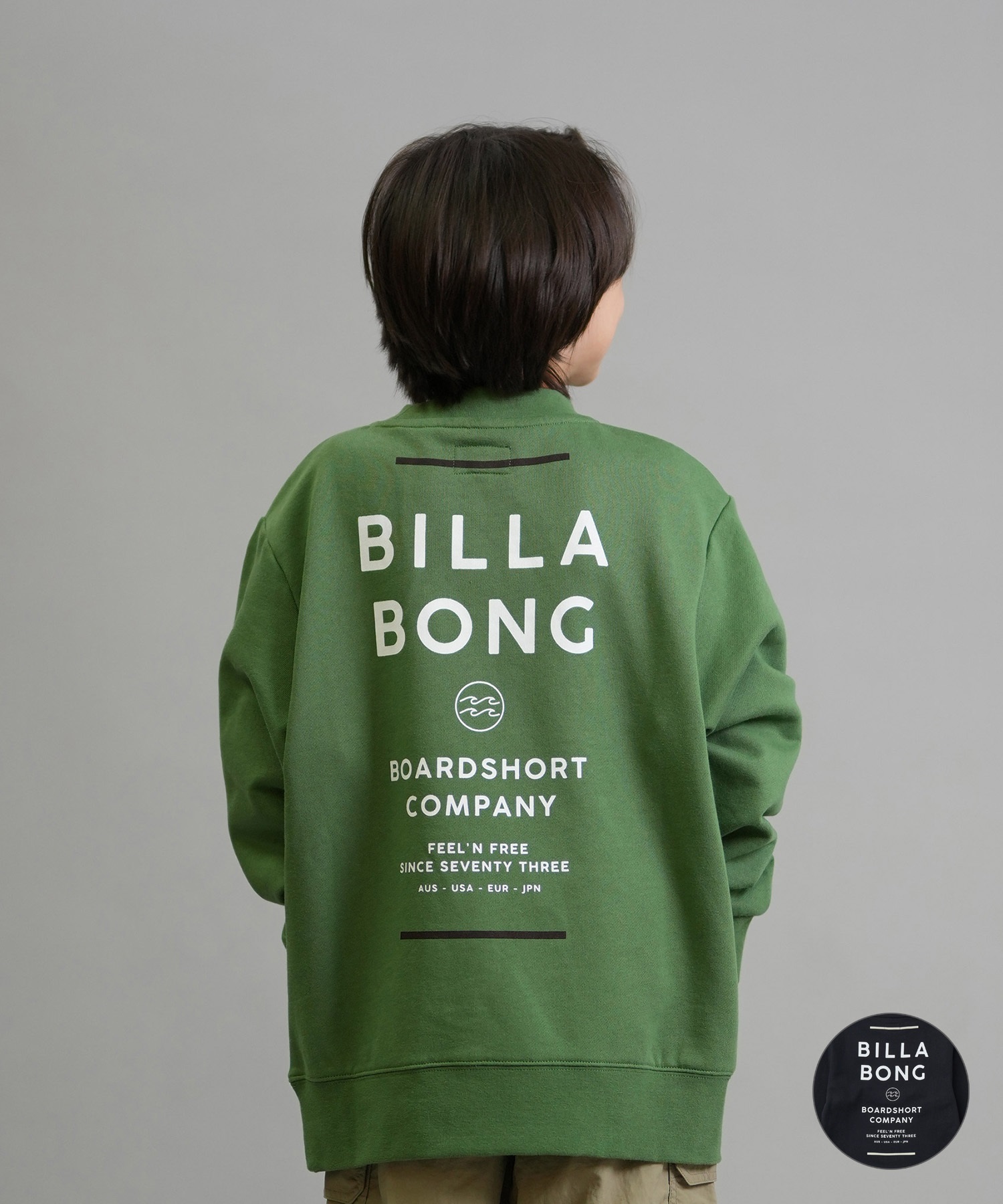 BILLABONG ビラボン トレーナー スウェット キッズ ジュニア 子供 クルーネック ロゴ バックプリント 裏毛 親子コーデ BF016-001(GRN-140cm)
