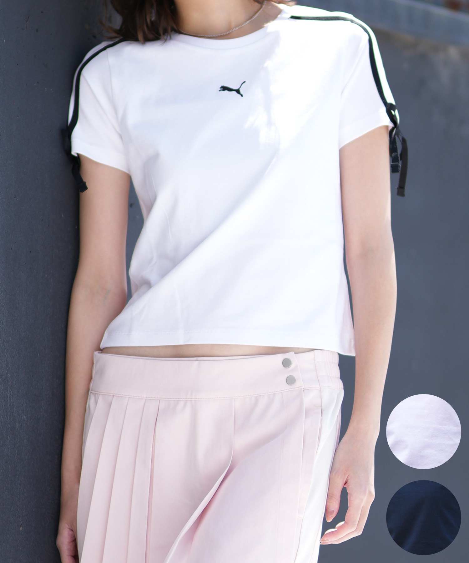 PUMA プーマ 半袖 Tシャツ レディース クロップド丈 ショート丈 シンプル ロゴ T7 MODERN SLIM SHORT T 633345(01-M)