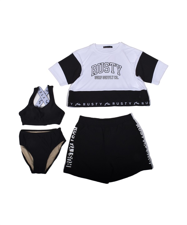 RUSTY ラスティ 水着 4点セット キッズ ジュニア 子供 ブラトップ ショーツ ラッシュガード 半袖 Tシャツ ショートパンツ 965802