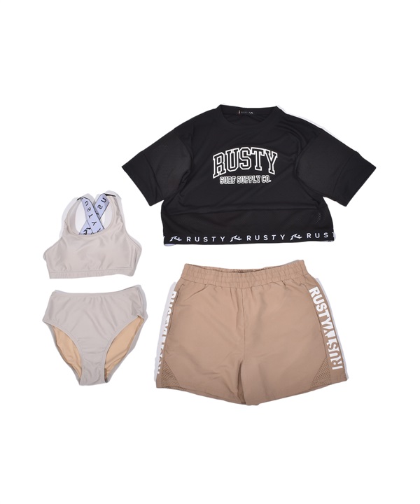 RUSTY ラスティ 水着 4点セット キッズ ジュニア 子供 ブラトップ ショーツ ラッシュガード 半袖 Tシャツ ショートパンツ 965802