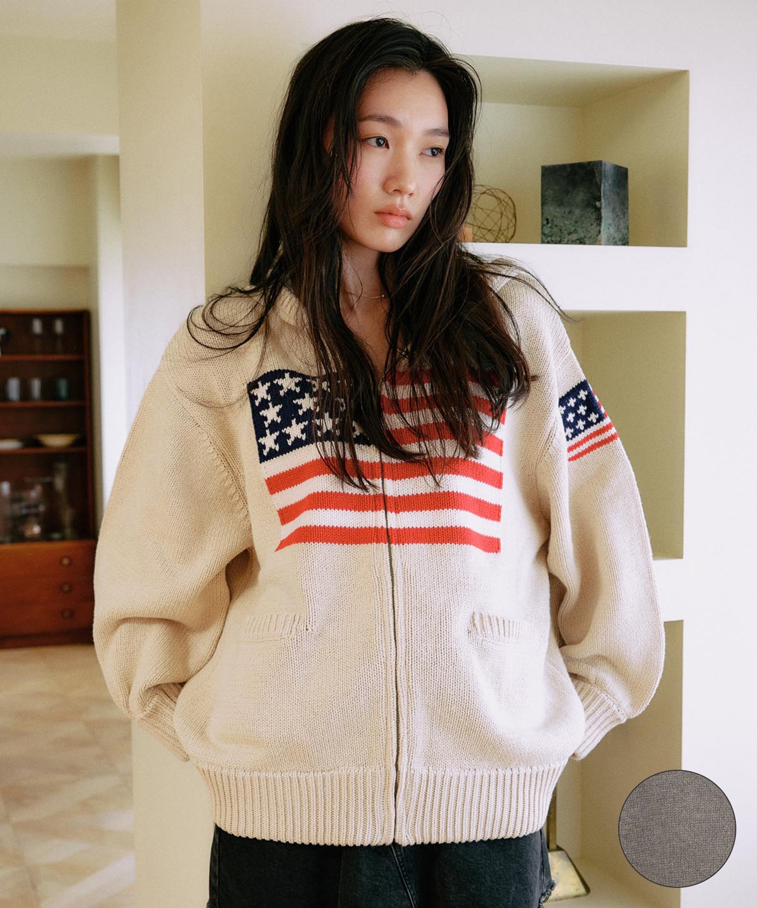RIKKA FEMME リッカファム ニット セーター レディース ジップアップ パーカー 星条旗 RF25FW18(IVO-FREE)