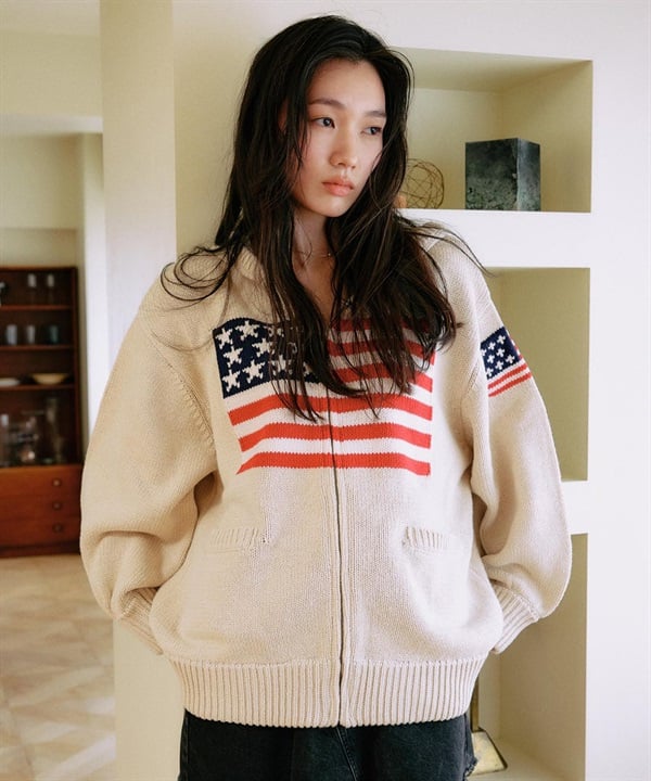 RIKKA FEMME リッカファム ニット セーター レディース ジップアップ パーカー 星条旗 RF25FW18