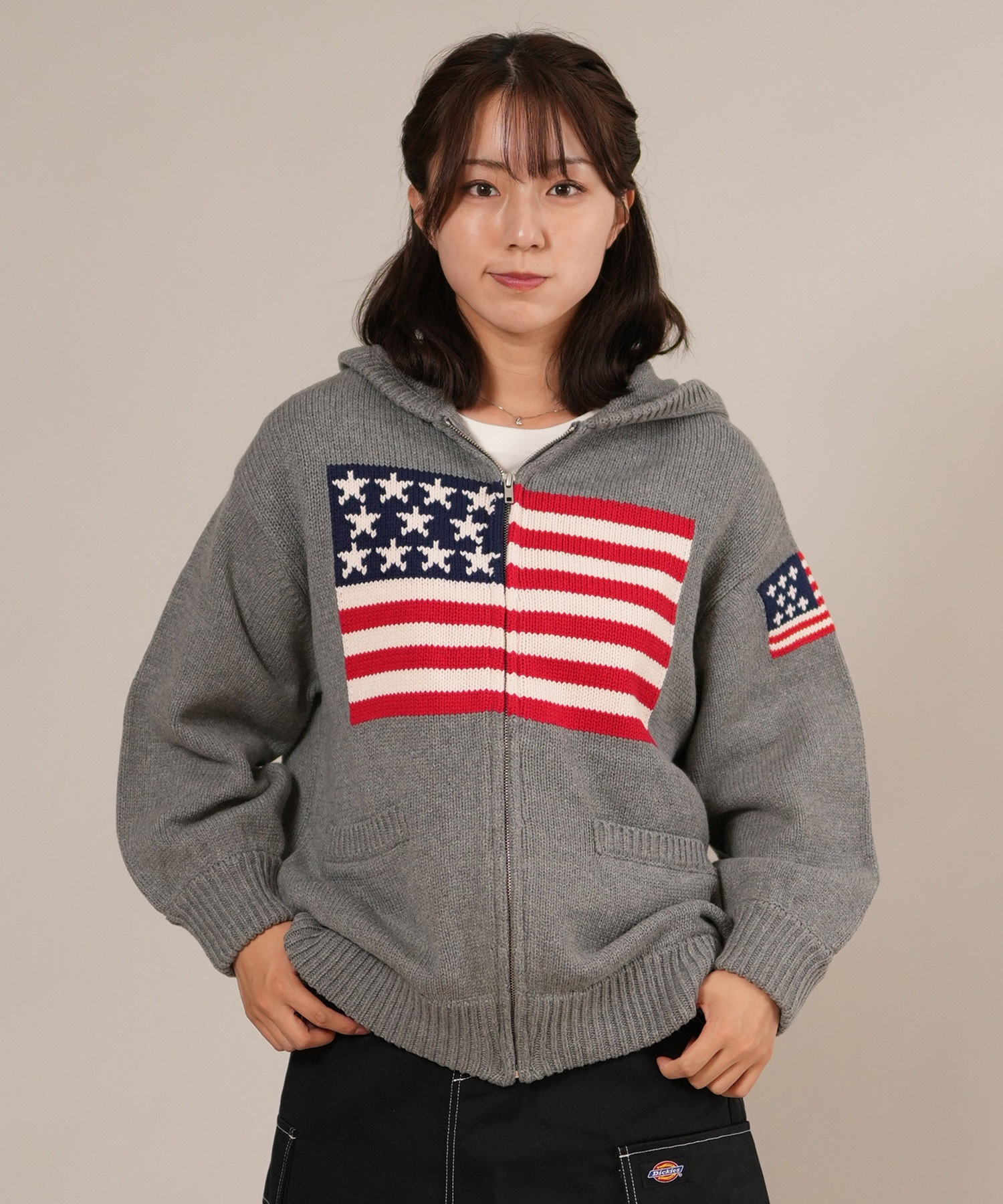 RIKKA FEMME リッカファム ニット セーター レディース ジップアップ パーカー 星条旗 RF25FW18(GRY-FREE)
