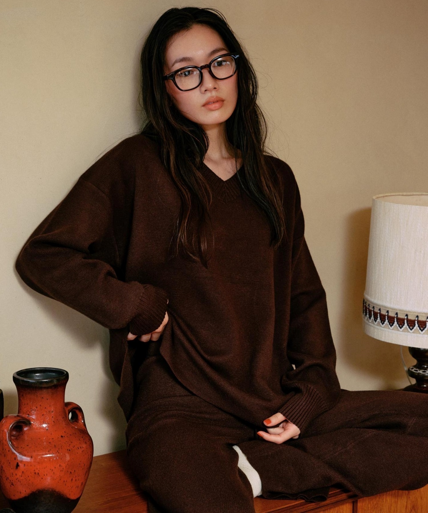 RIKKA FEMME リッカファム ニット セーター レディース Vネック 無地 セットアップ対応 RF25FW13(BRN-FREE)