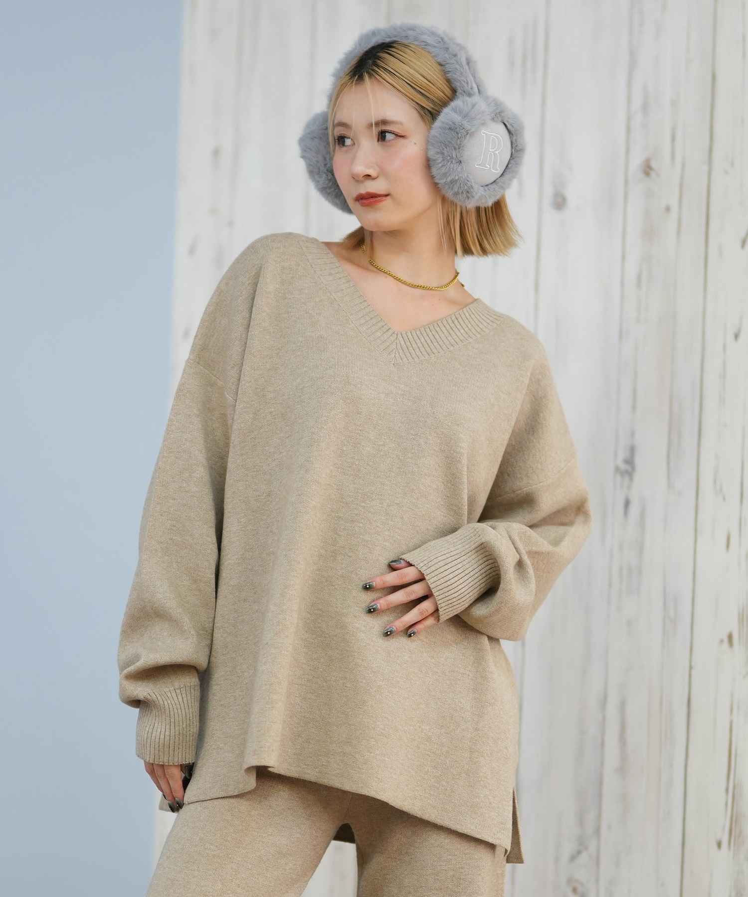 RIKKA FEMME リッカファム ニット セーター レディース Vネック 無地 セットアップ対応 RF25FW13(BEG-FREE)