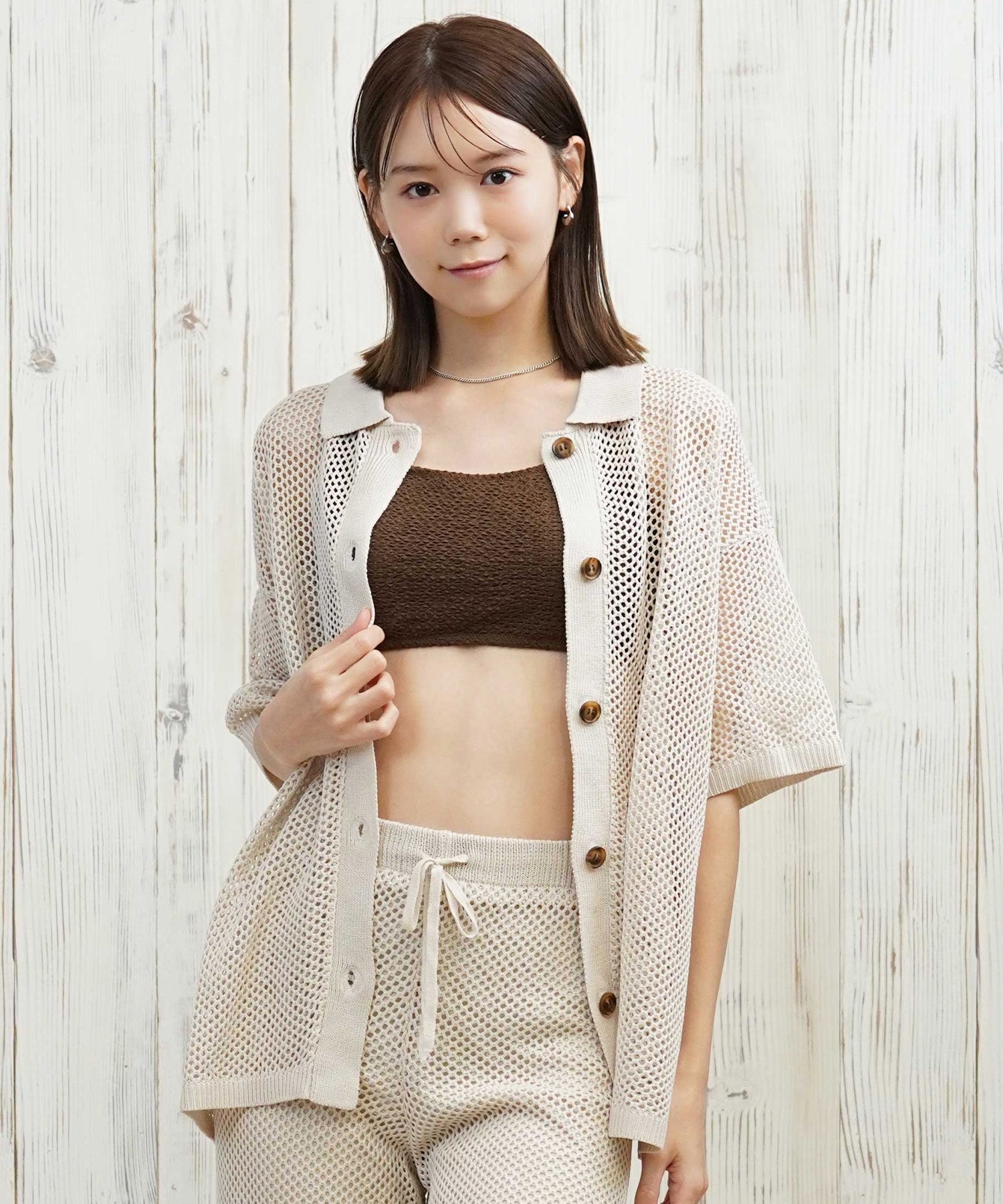 RIKKA FEMME リッカファム 半袖 シャツ レディース サマーニット メッシュニットシャツ シンプル RF25HS09(IVO-FREE)