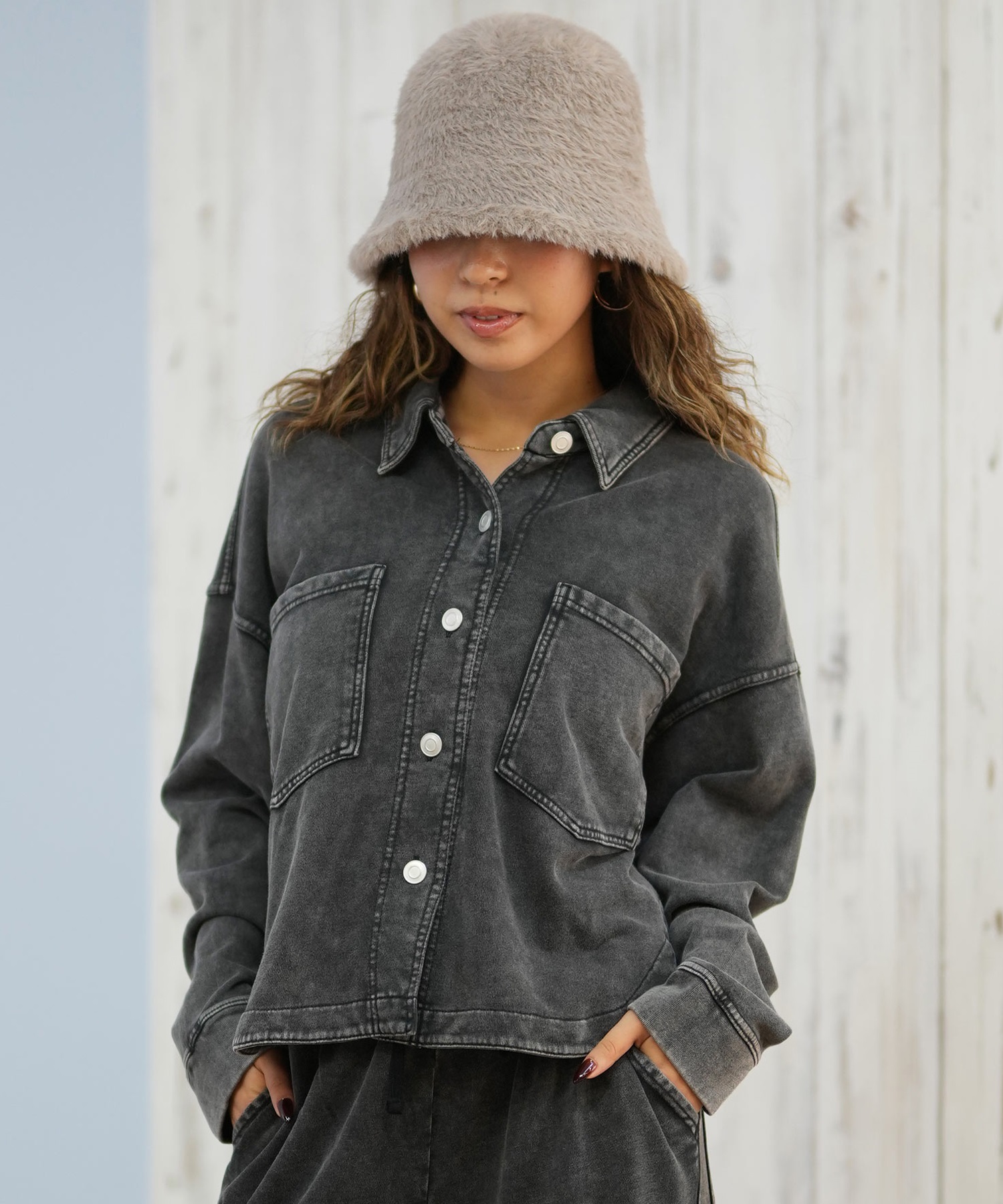 RIKKA FEMME リッカファム 長袖 デニムシャツ レディース スウェット シャツジャケット セットアップ対応 RF25FW19(BLK-SM)