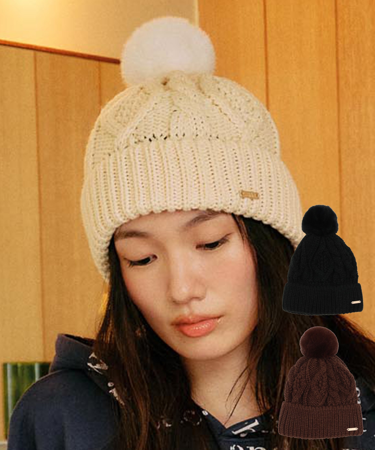 RIKKA FEMME リッカファム ビーニー 帽子 ニット帽 ニットキャップ ケーブル編み ポンポン RFAC25FW02(IVO-FREE)