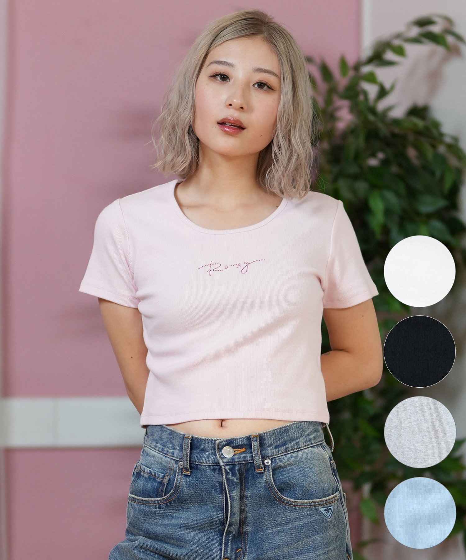 ROXY ロキシー 半袖 Tシャツ レディース ミニT フロントロゴ ラインストーン クロップド丈 RST251649M(WHT-M)