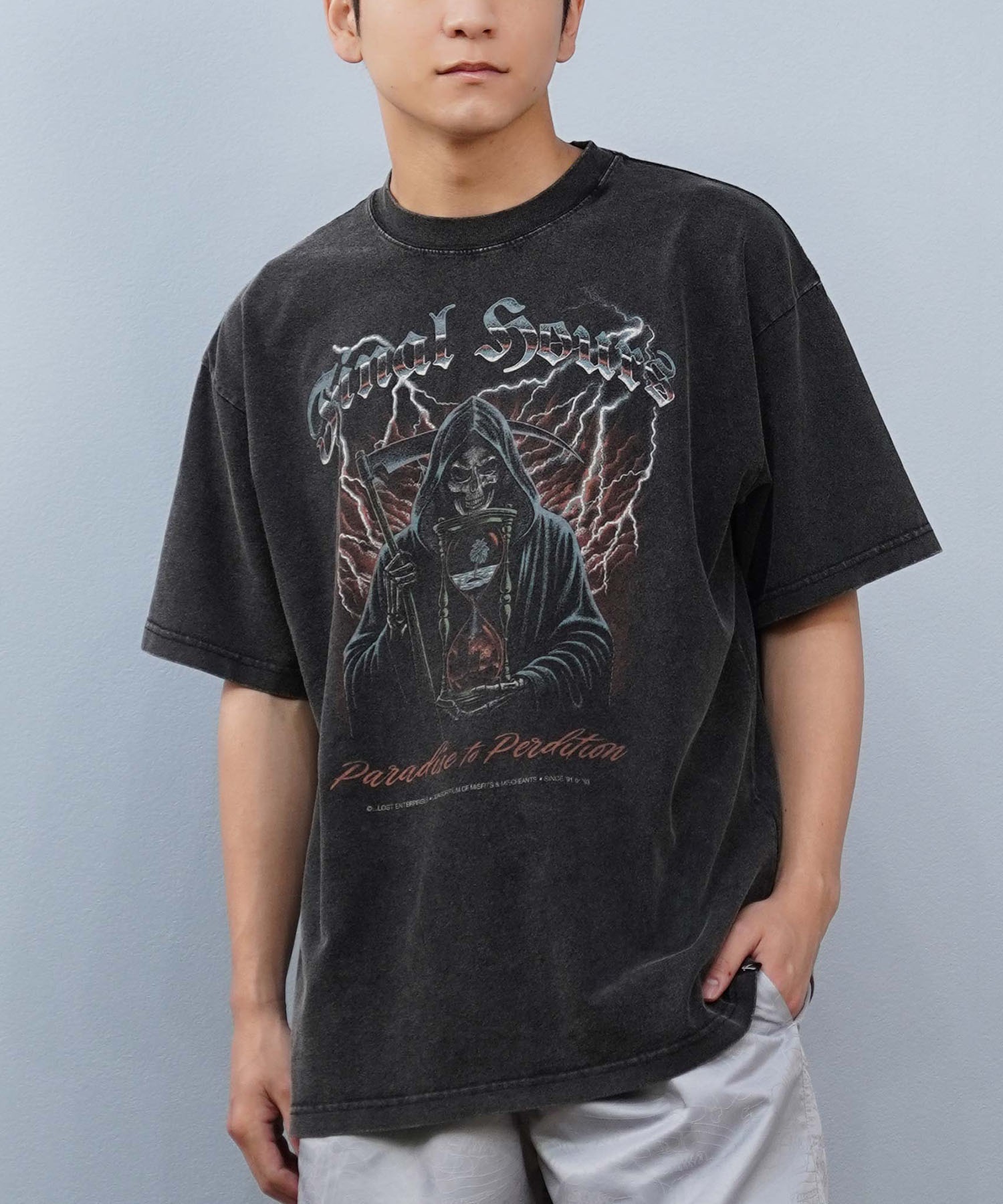 LOST ロスト 半袖 Tシャツ メンズ 古着風 ヴィンテージ加工 フロントプリント L25S-2112 ムラサキスポーツ限定(CBK-M)