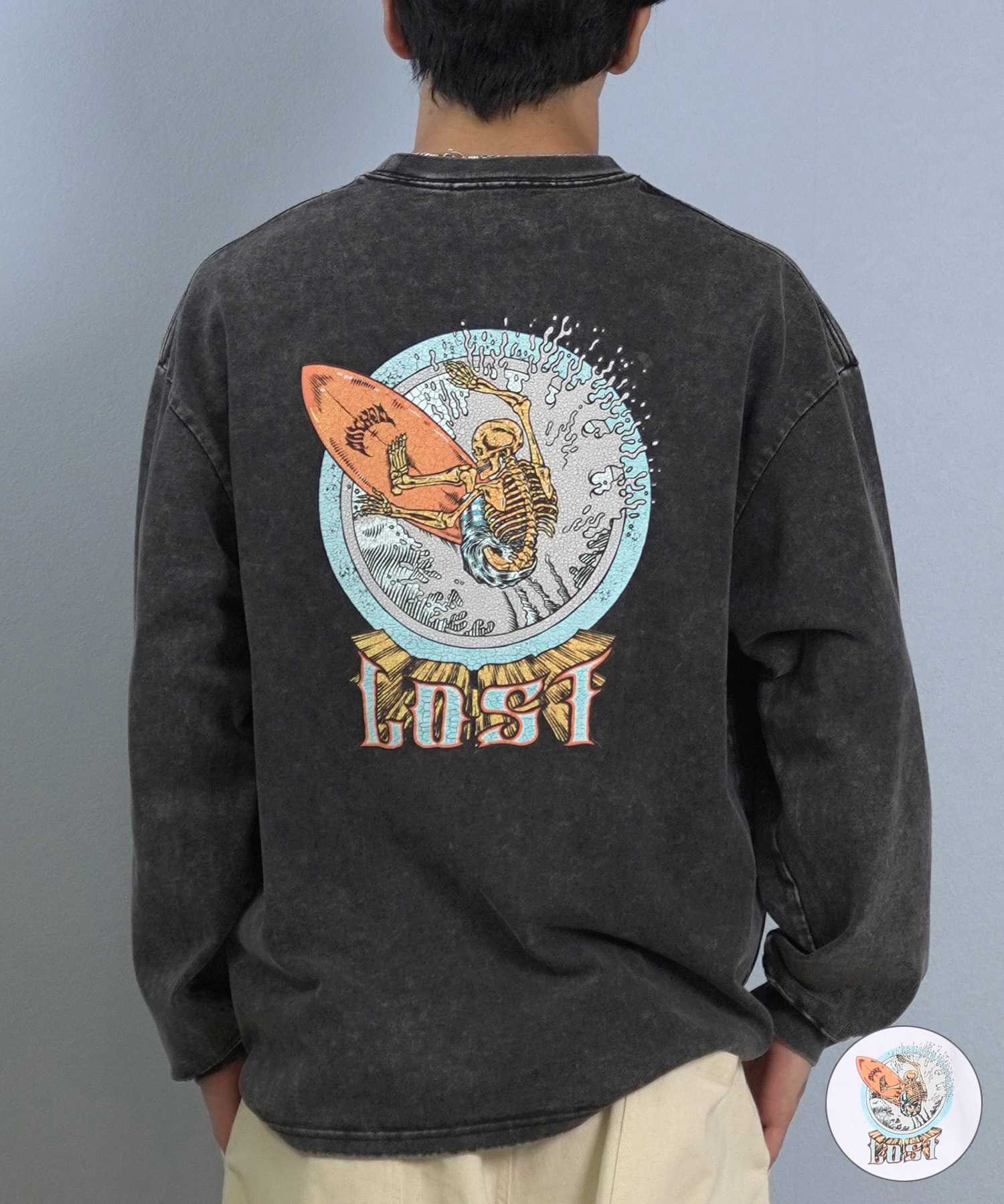 LOST ロスト 長袖 Tシャツ ロンT メンズ バックプリント ヘビーウェイト 古着風 ヴィンテージ加工 L25F-2201 ムラサキスポーツ限定(WHT-M)
