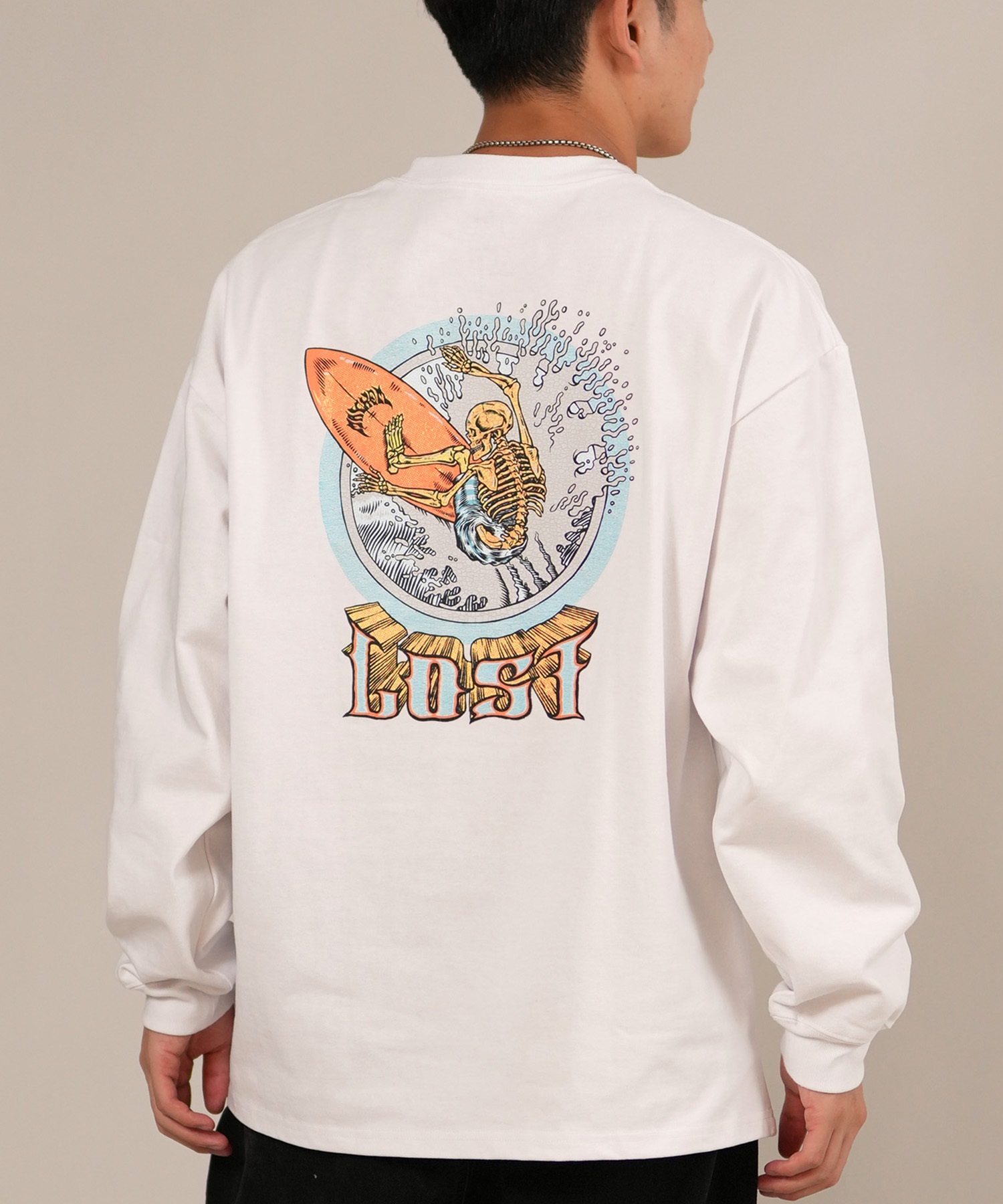 LOST ロスト 長袖 Tシャツ ロンT メンズ バックプリント ヘビーウェイト 古着風 ヴィンテージ加工 L25F-2201 ムラサキスポーツ限定(WHT-M)